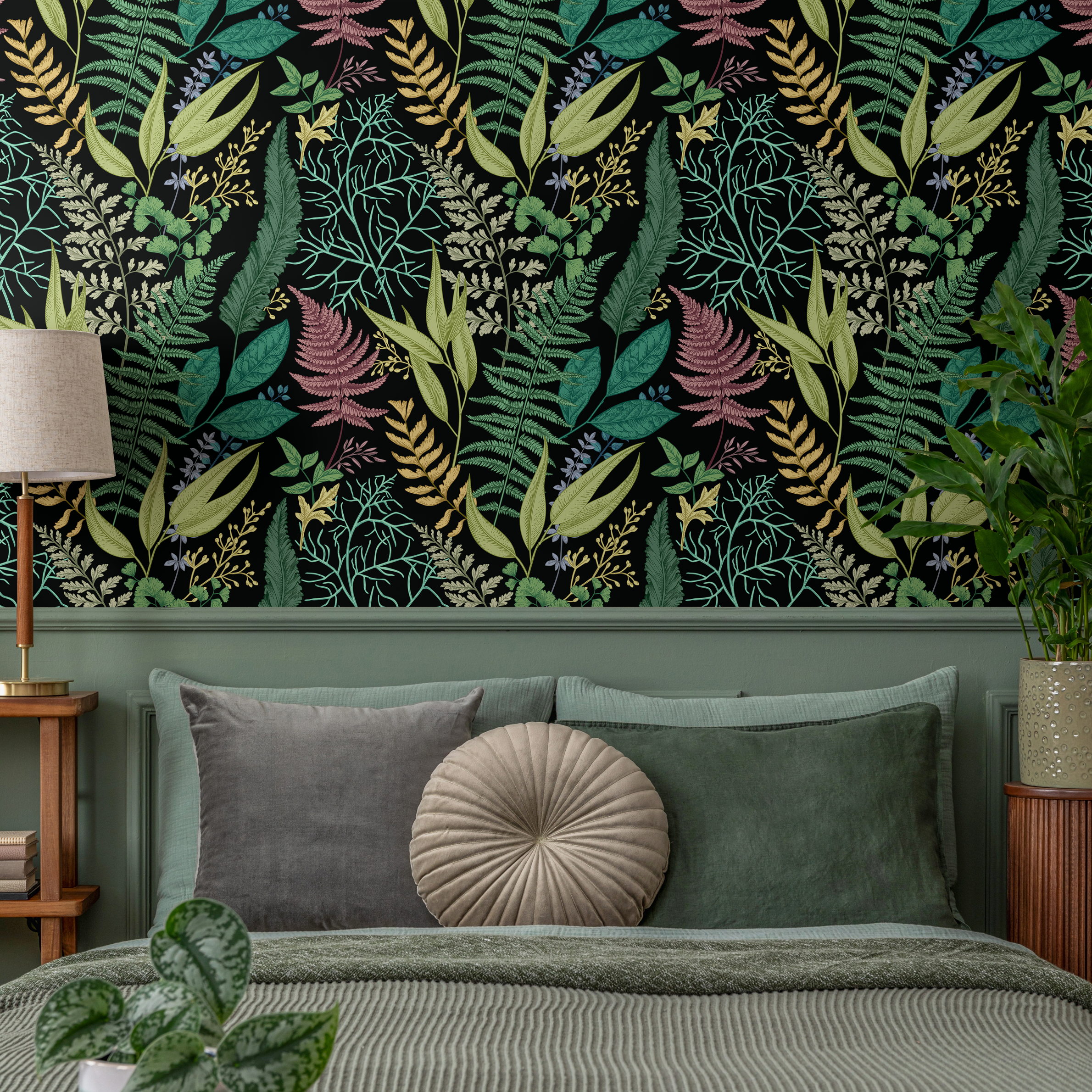 Botanical Wallpaper With Lush Ferns In Green, Red, And Gold - B709