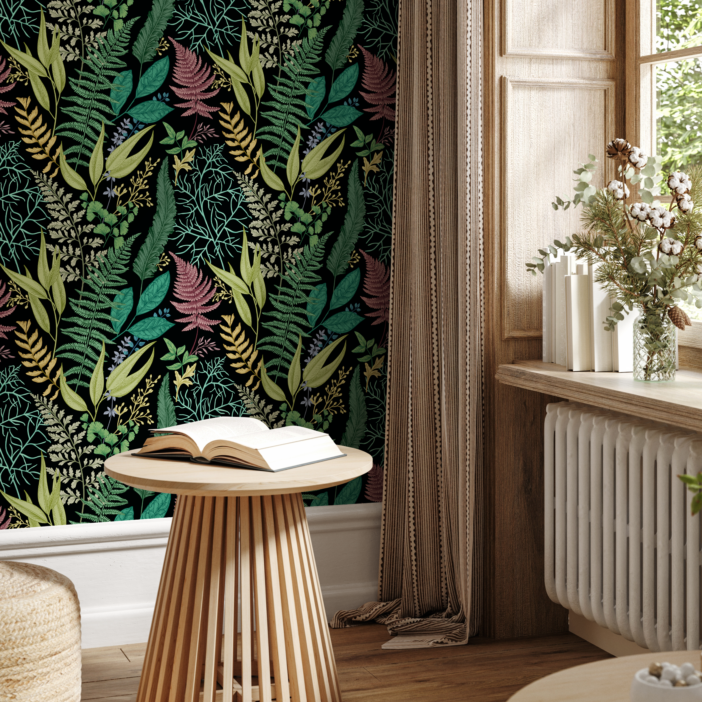 Botanical Wallpaper With Lush Ferns In Green, Red, And Gold - B709