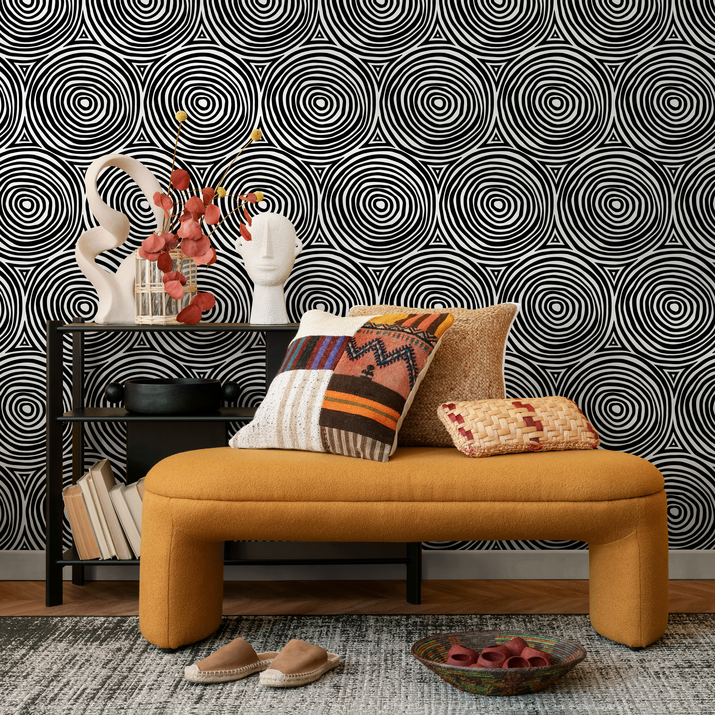 Geometric Wallpaper Featuring Concentric Circles In Black And White - B710