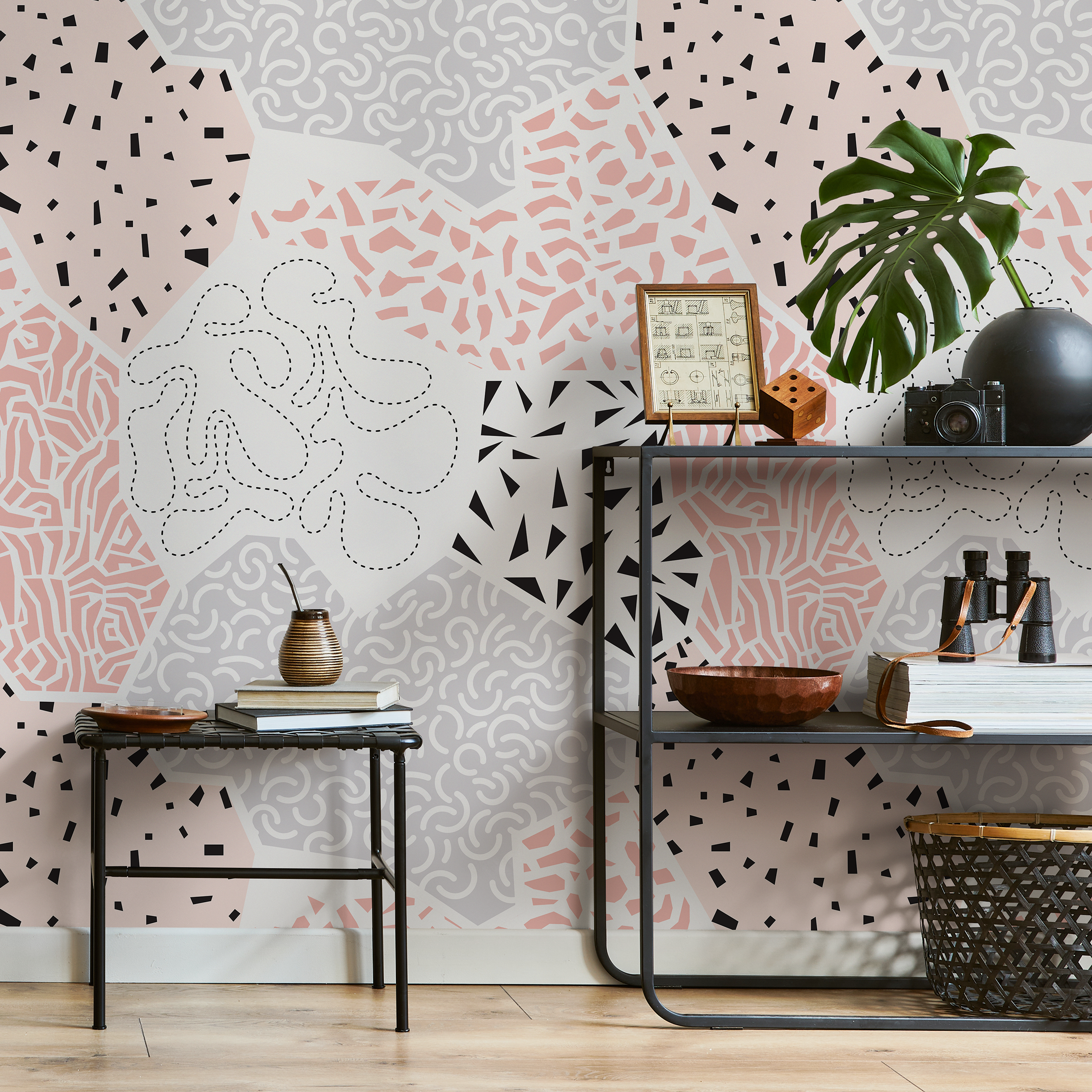 Abstract Wallpaper With A Modern Patchwork Of Patterns In Pink, Black, And Grey - B712