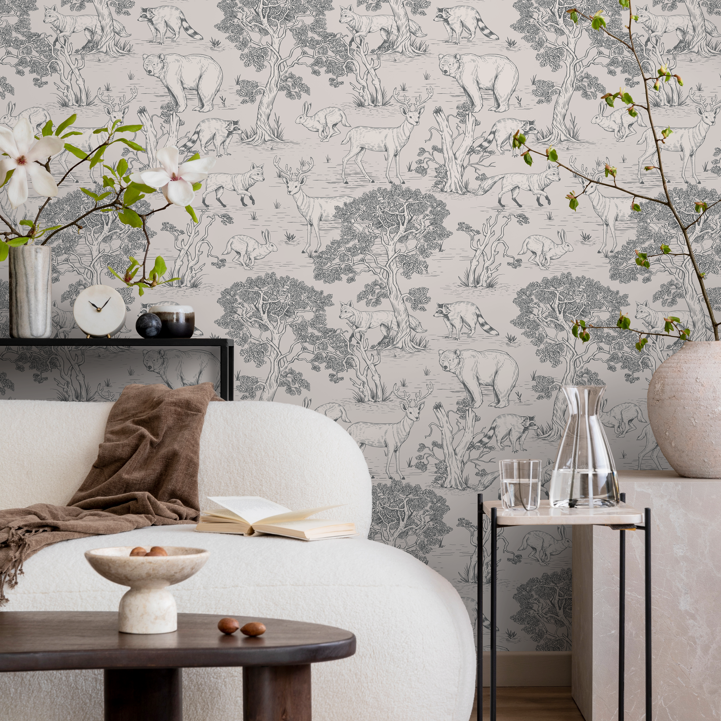 Woodland Wallpaper Featuring Bears, Deer, And Foxes In Gray And Beige - B714