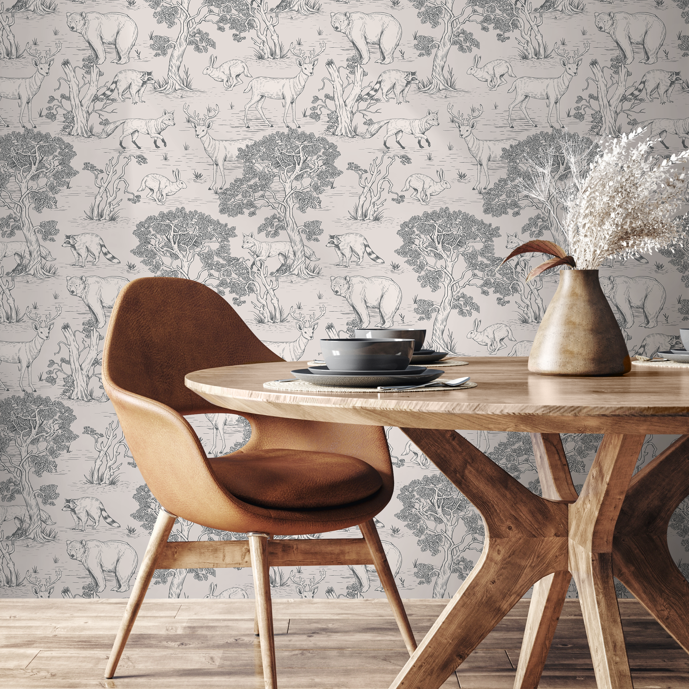 Woodland Wallpaper Featuring Bears, Deer, And Foxes In Gray And Beige - B714