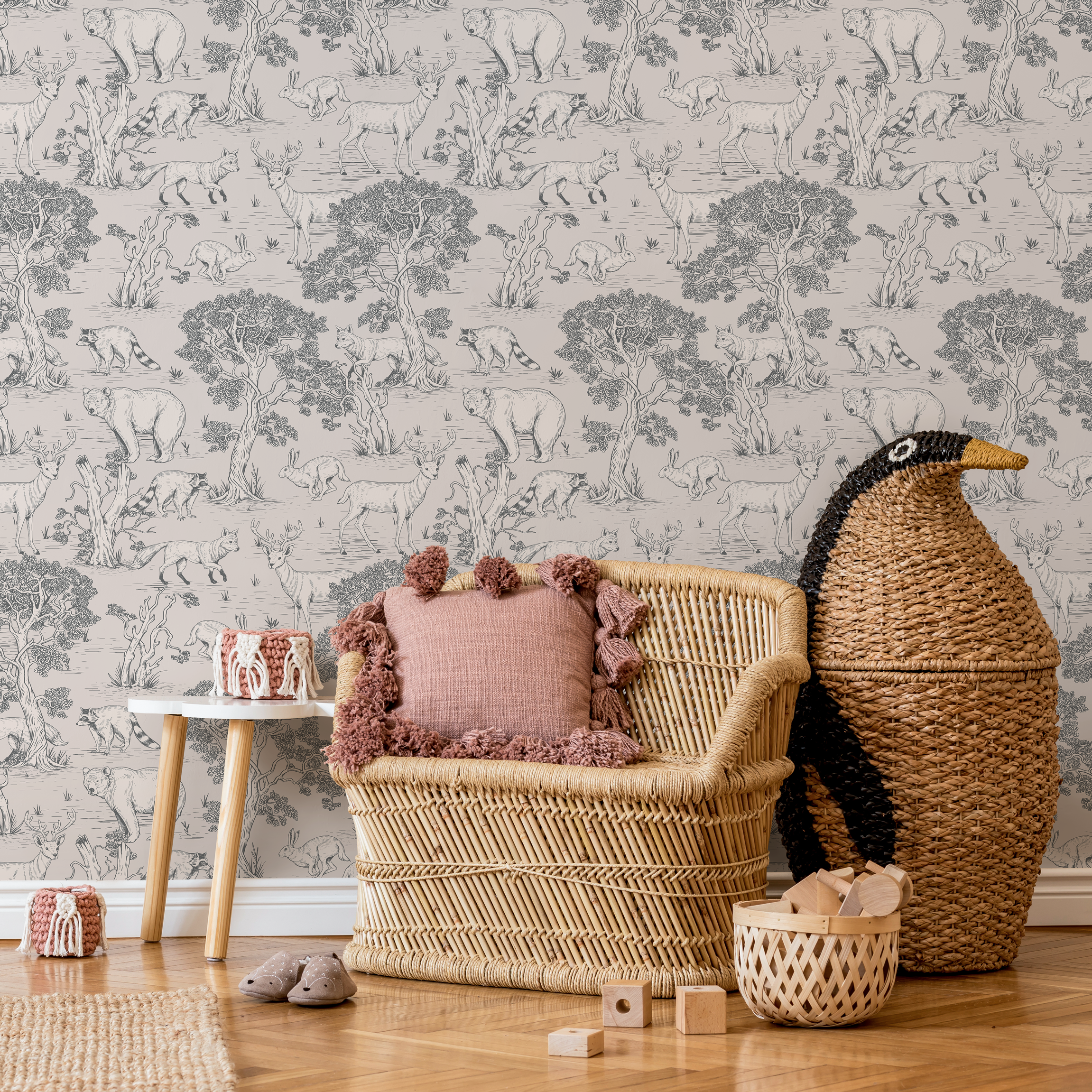 Woodland Wallpaper Featuring Bears, Deer, And Foxes In Gray And Beige - B714