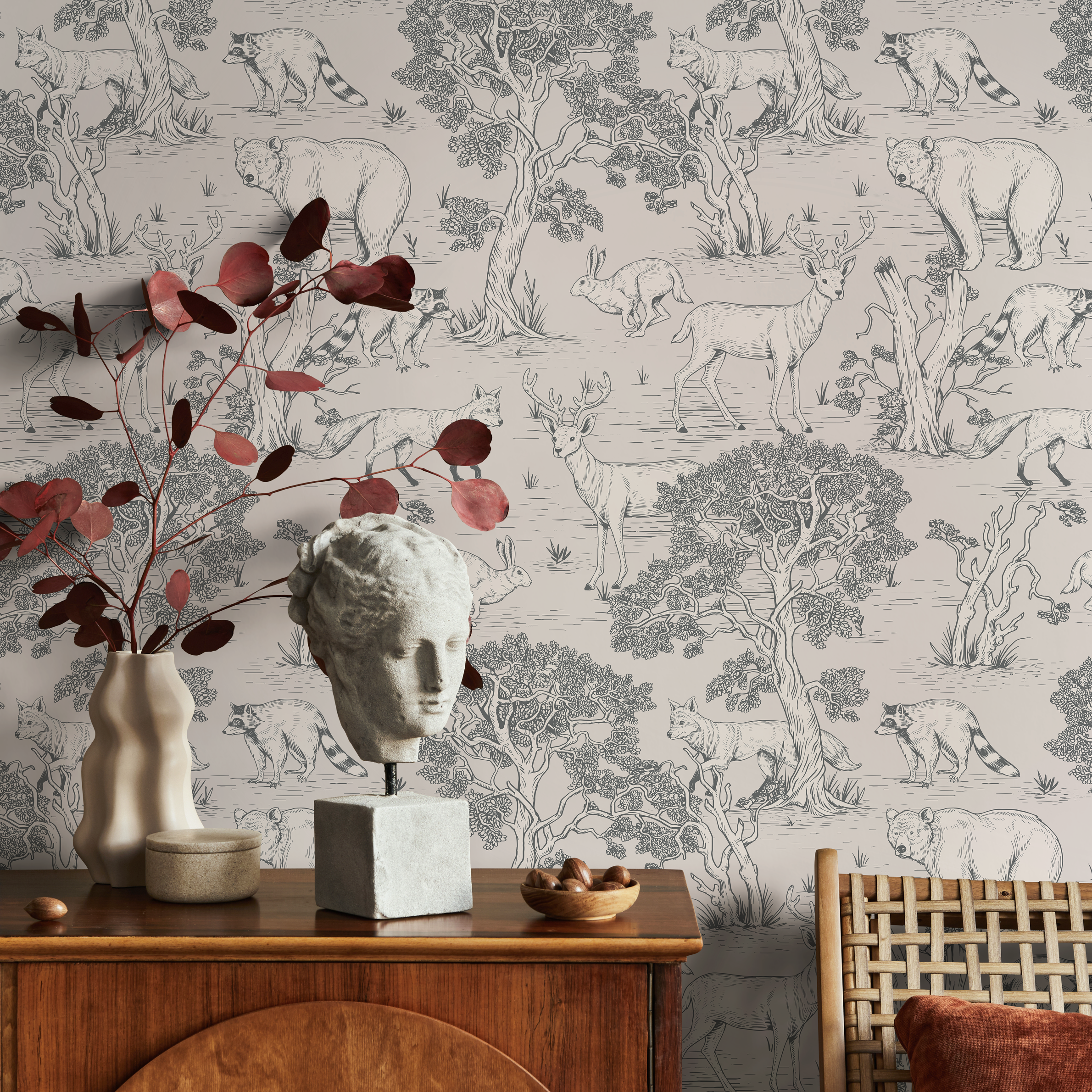 Woodland Wallpaper Featuring Bears, Deer, And Foxes In Gray And Beige - B714