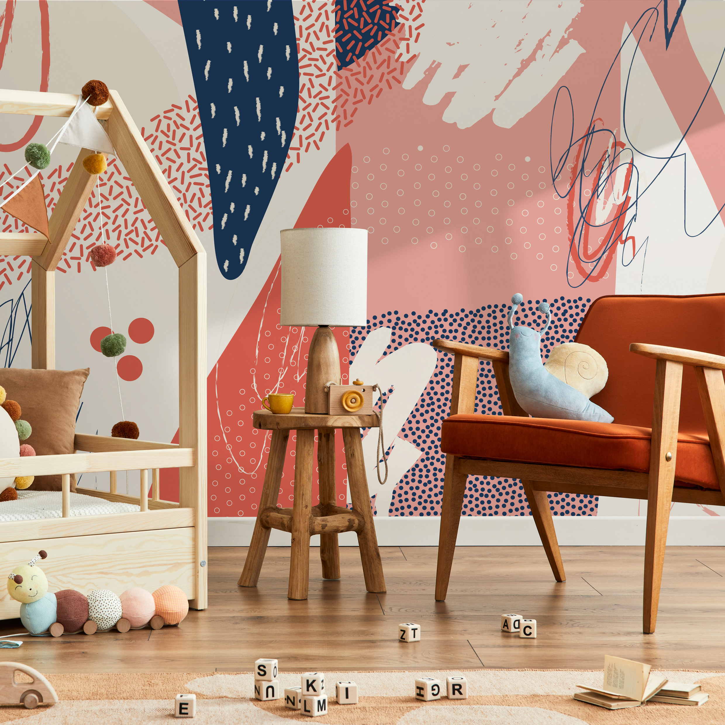 Abstract Wallpaper With Bold Brushstrokes In Navy Blue, Coral, And Beige - B716