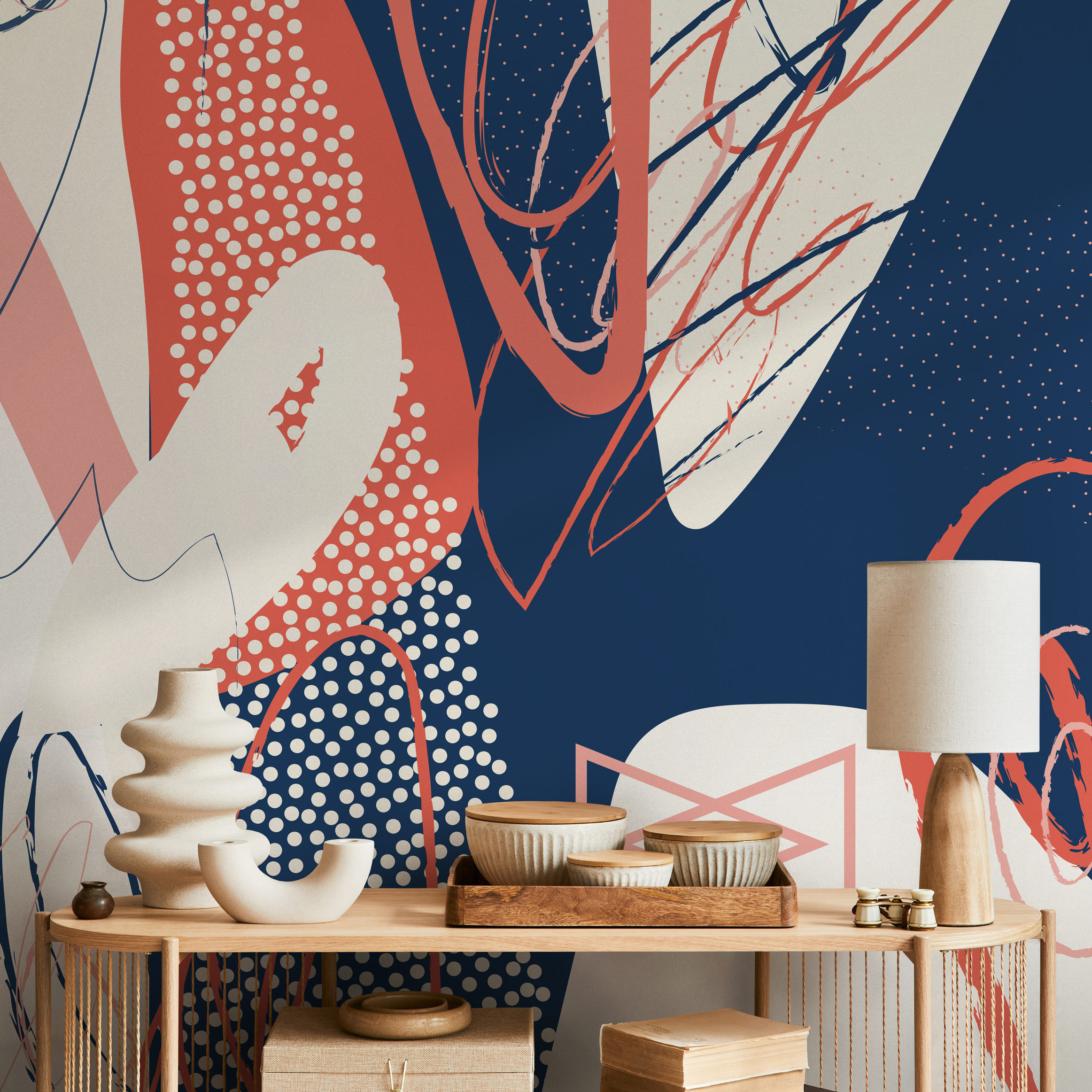Abstract Wallpaper With Bold Brushstrokes In Navy Blue, Coral, And Beige - B716