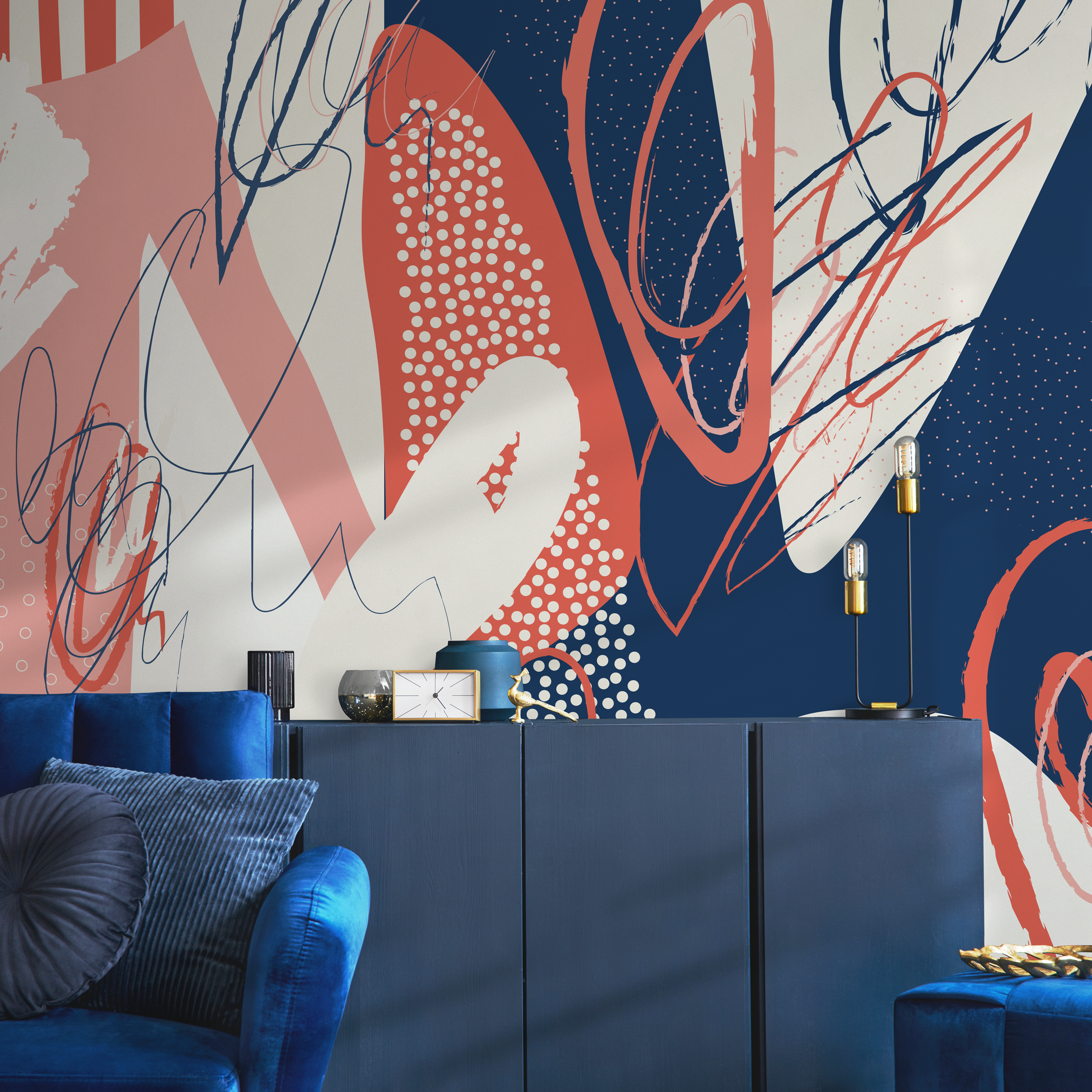 Abstract Wallpaper With Bold Brushstrokes In Navy Blue, Coral, And Beige - B716