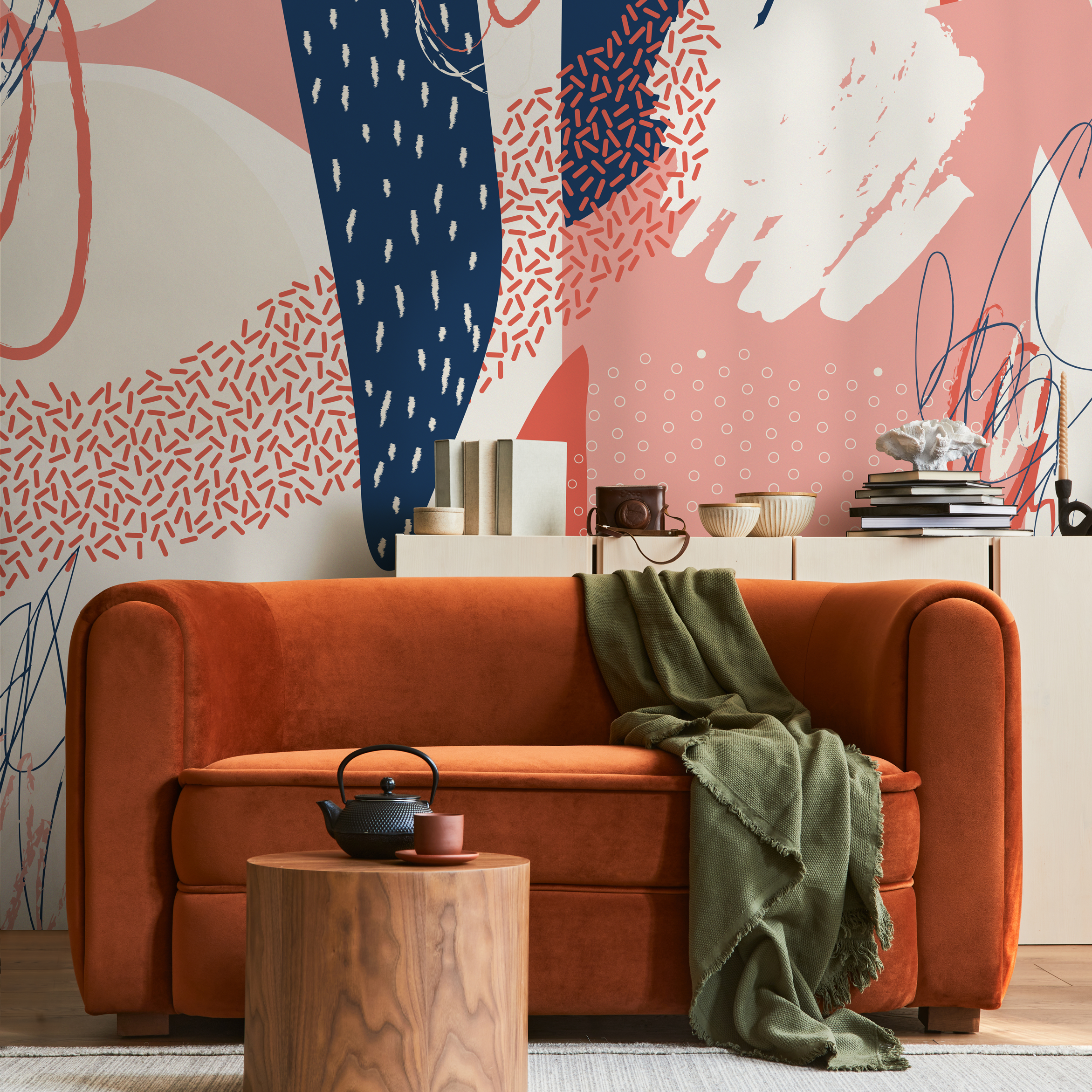 Abstract Wallpaper With Bold Brushstrokes In Navy Blue, Coral, And Beige - B716