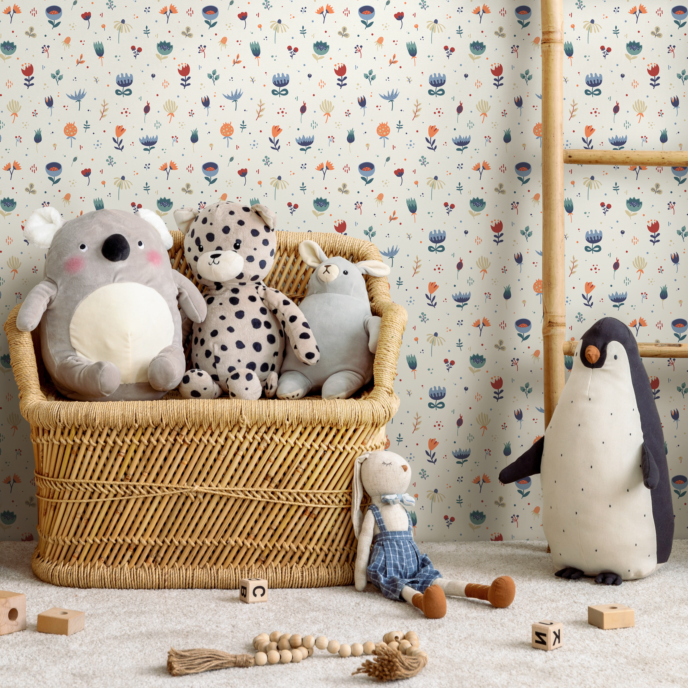 Floral Wallpaper With A Whimsical Folk Art Motif In Blue, Red, And Orange - B717