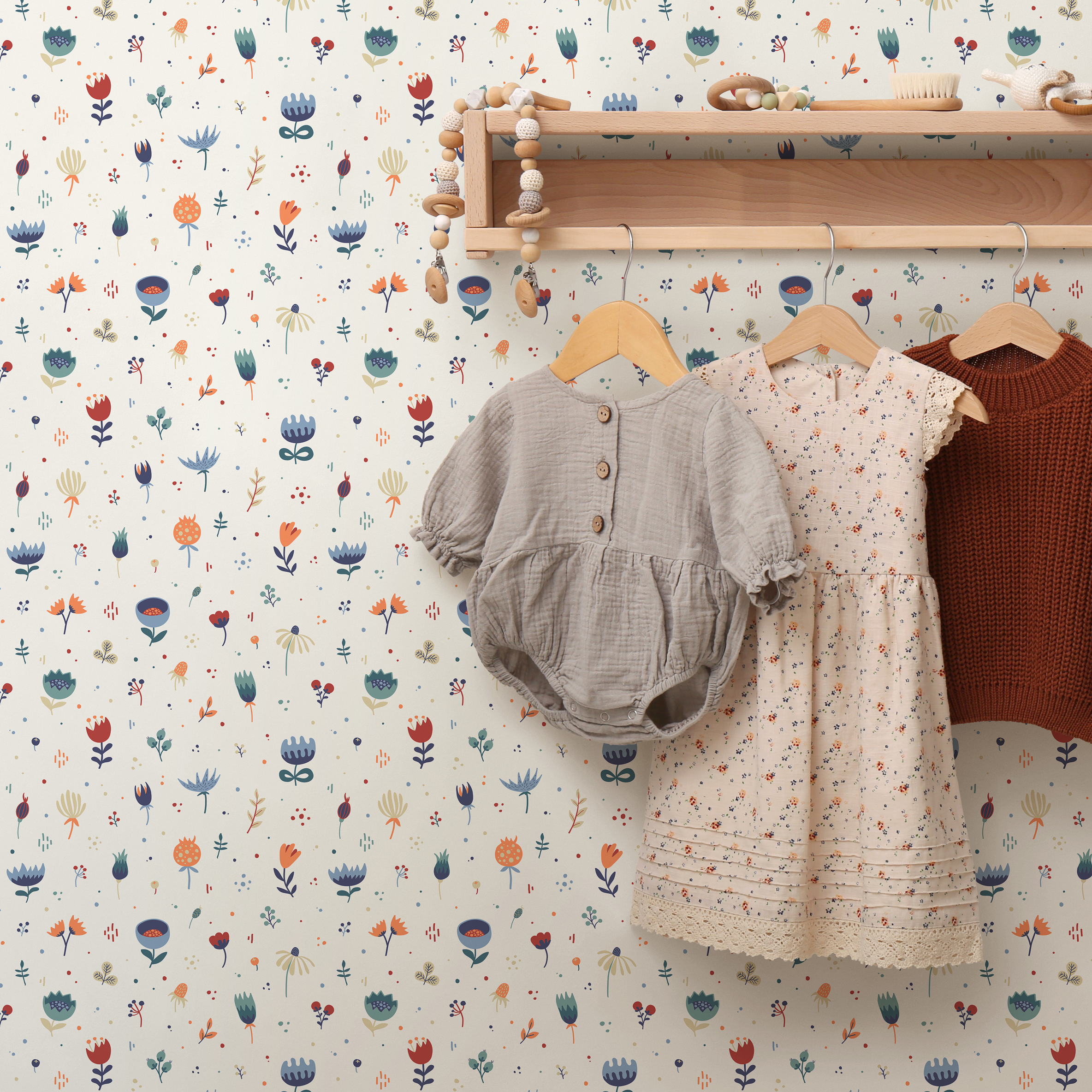 Floral Wallpaper With A Whimsical Folk Art Motif In Blue, Red, And Orange - B717