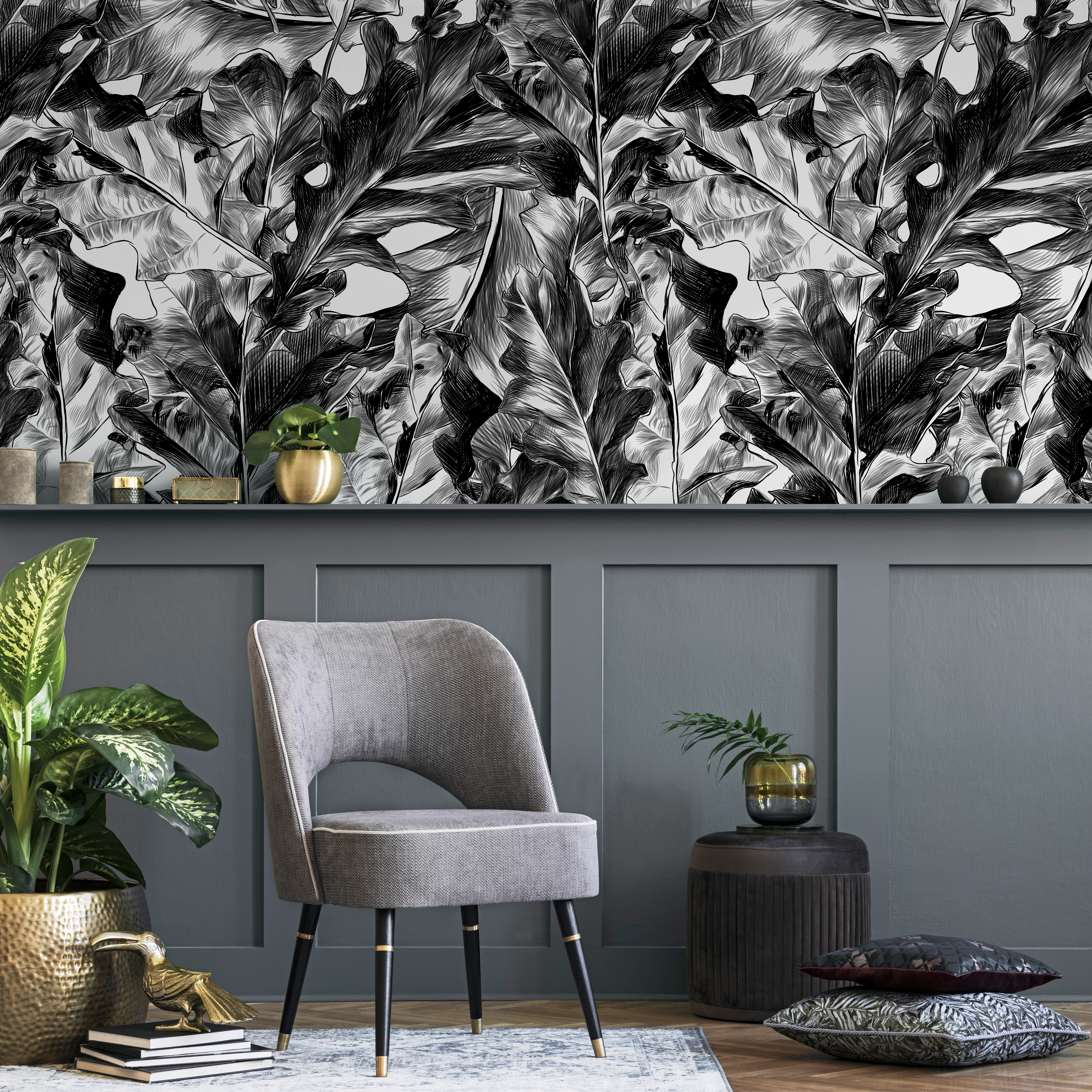 Botanical Wallpaper With Hand-drawn Tropical Leaves In Black And White - B718