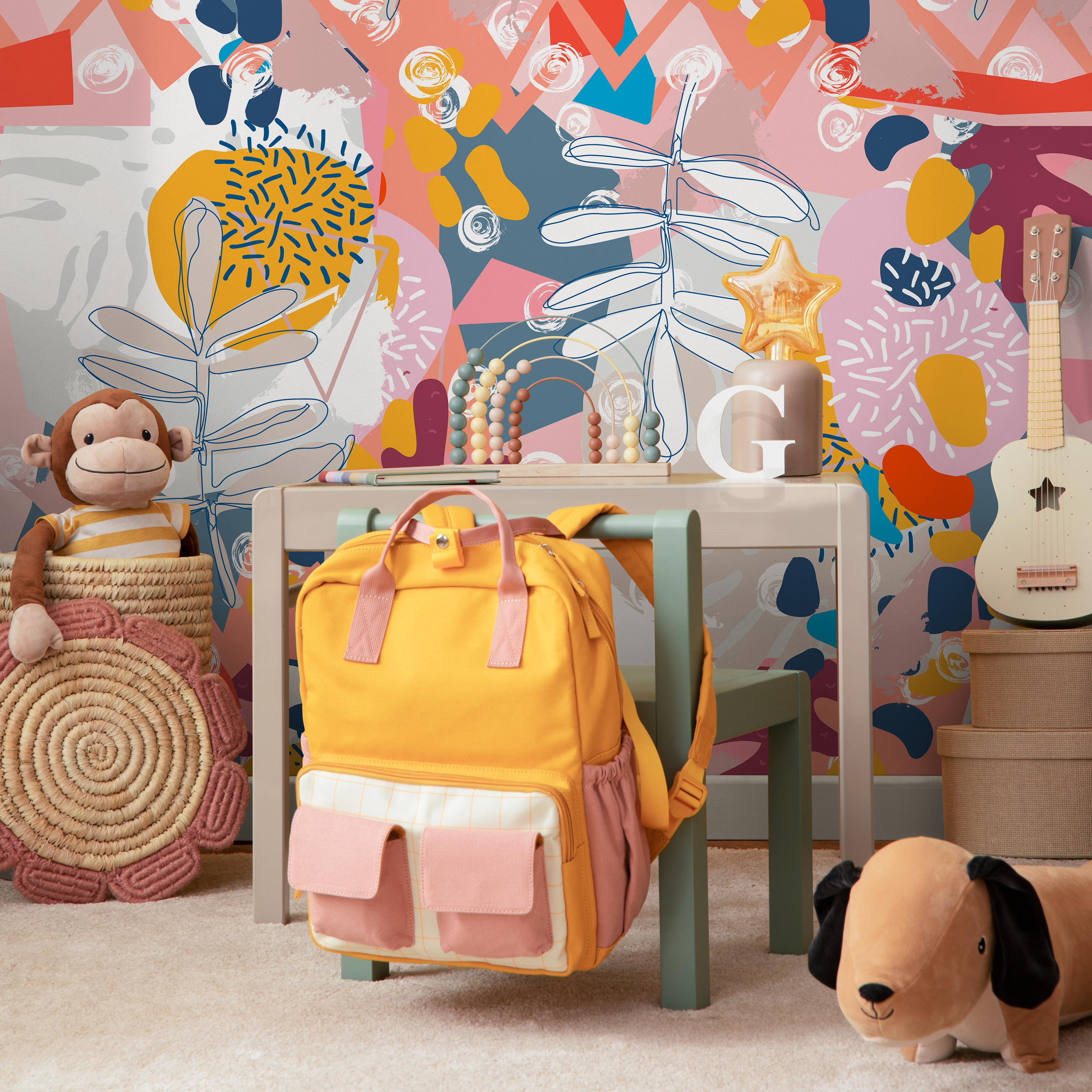 Abstract Wallpaper With Botanical Shapes And Collage Elements In Pink, Yellow, And Blue - B719