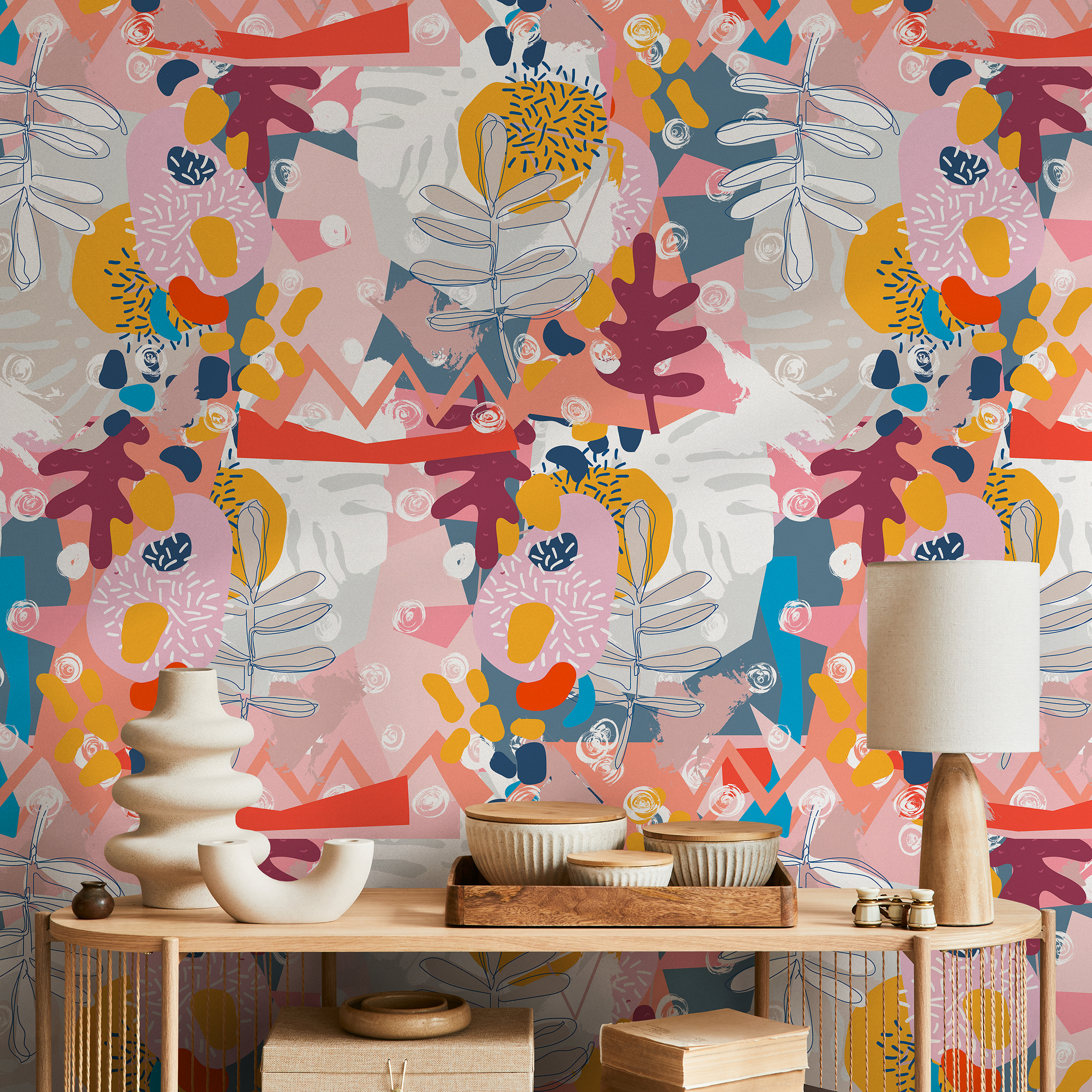 Abstract Wallpaper With Botanical Shapes And Collage Elements In Pink, Yellow, And Blue - B719