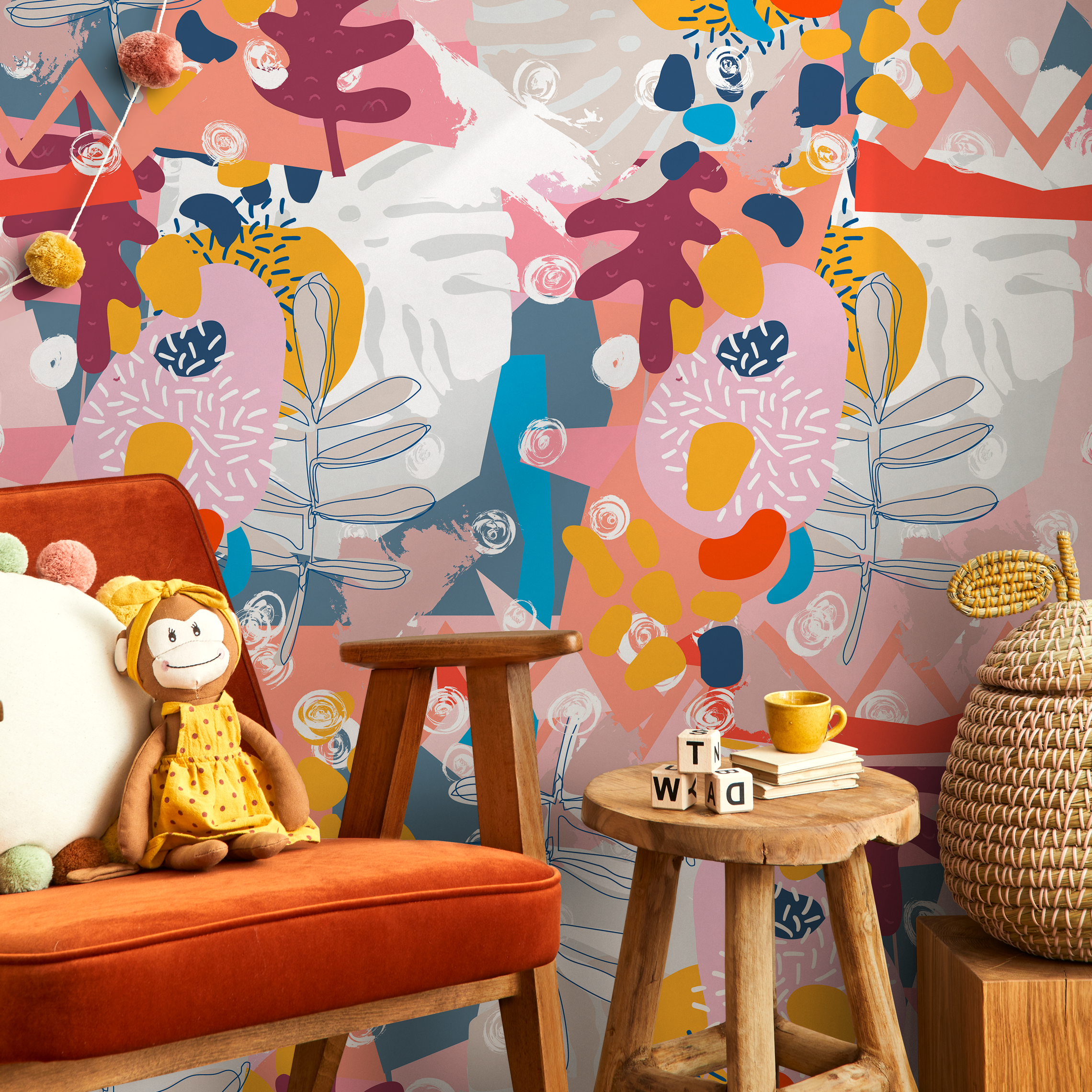 Abstract Wallpaper With Botanical Shapes And Collage Elements In Pink, Yellow, And Blue - B719