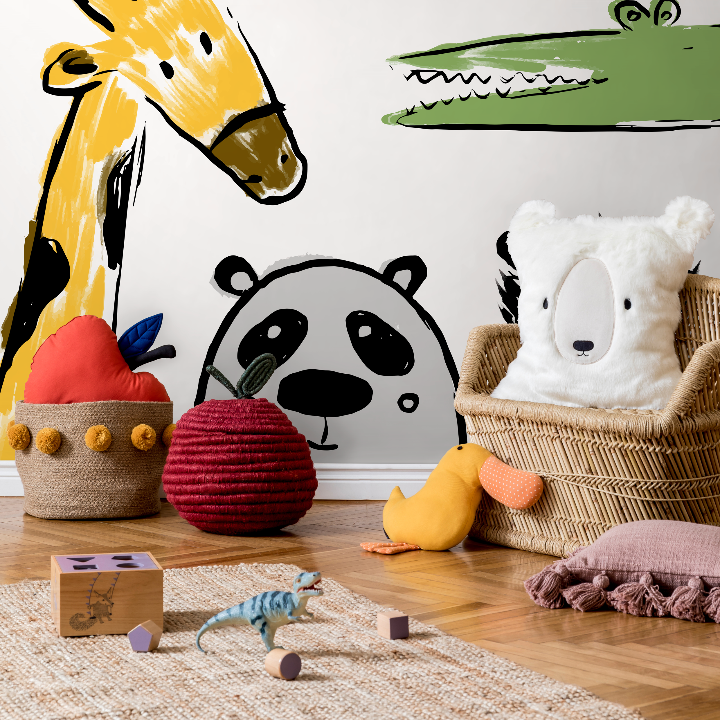 Animal Wallpaper With Sketchy Safari Animals In Yellow, Green, And Gray - B720