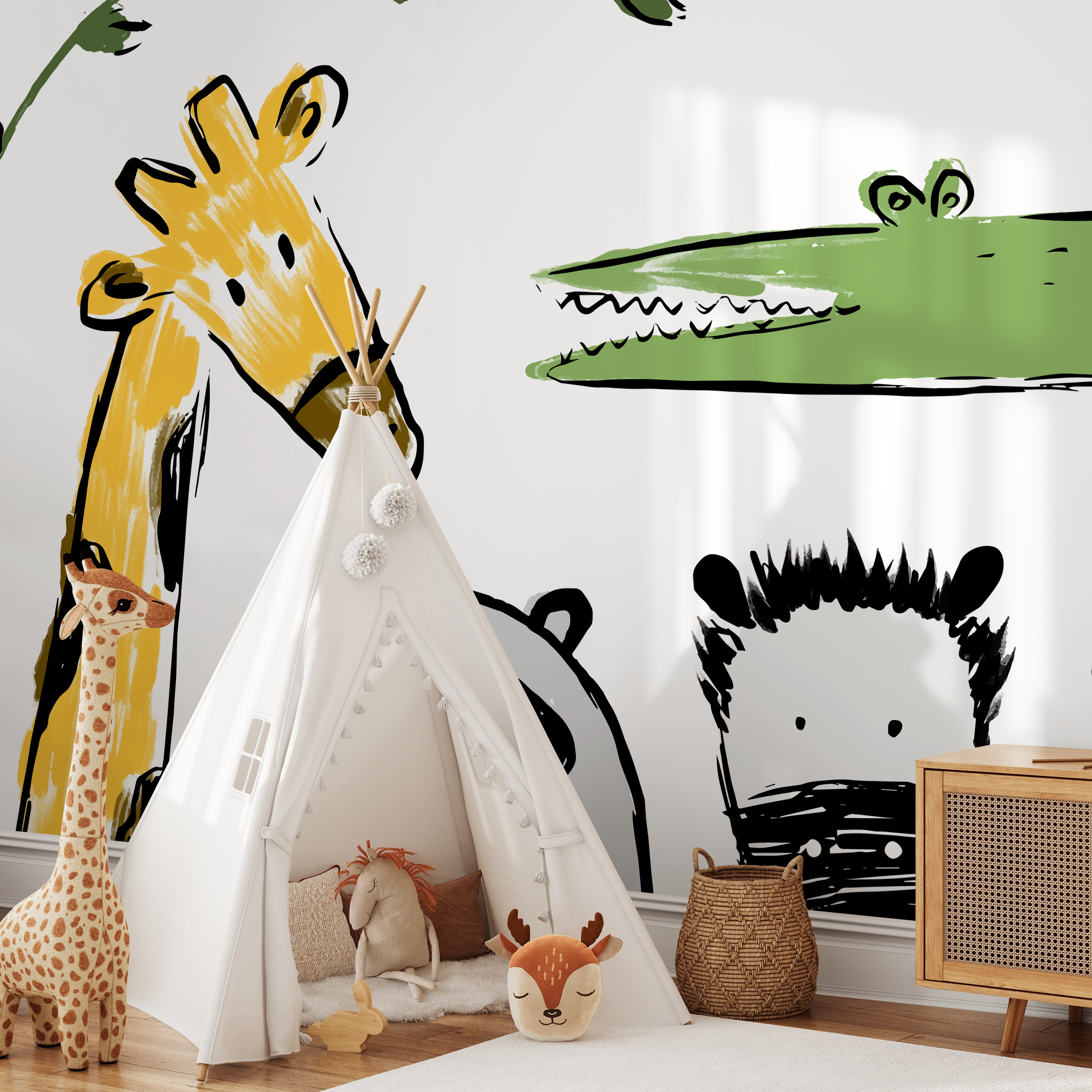 Animal Wallpaper With Sketchy Safari Animals In Yellow, Green, And Gray - B720