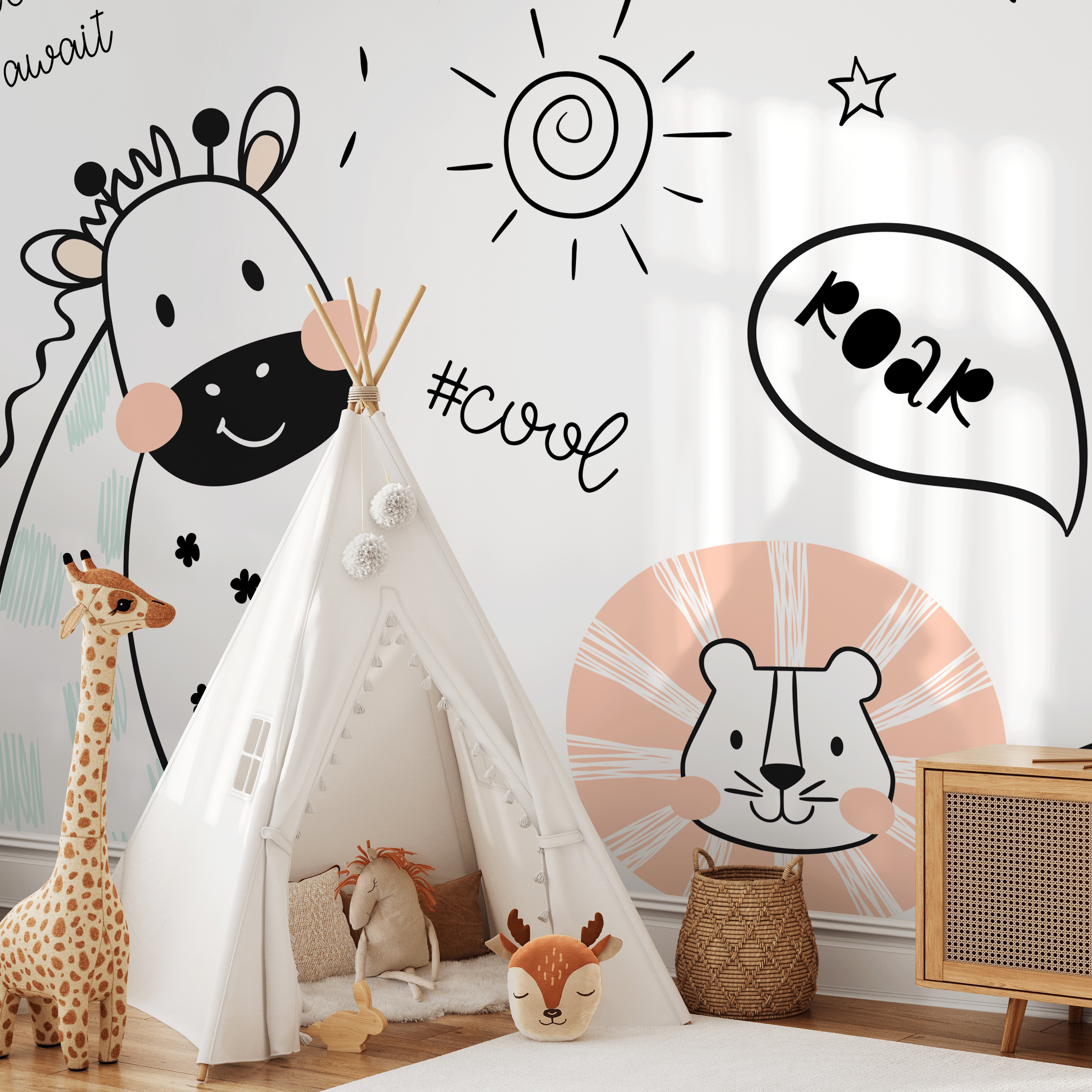 Animal Wallpaper With Doodle Style Dinosaur And Friends In Mint Green, Pink, And Black - B723