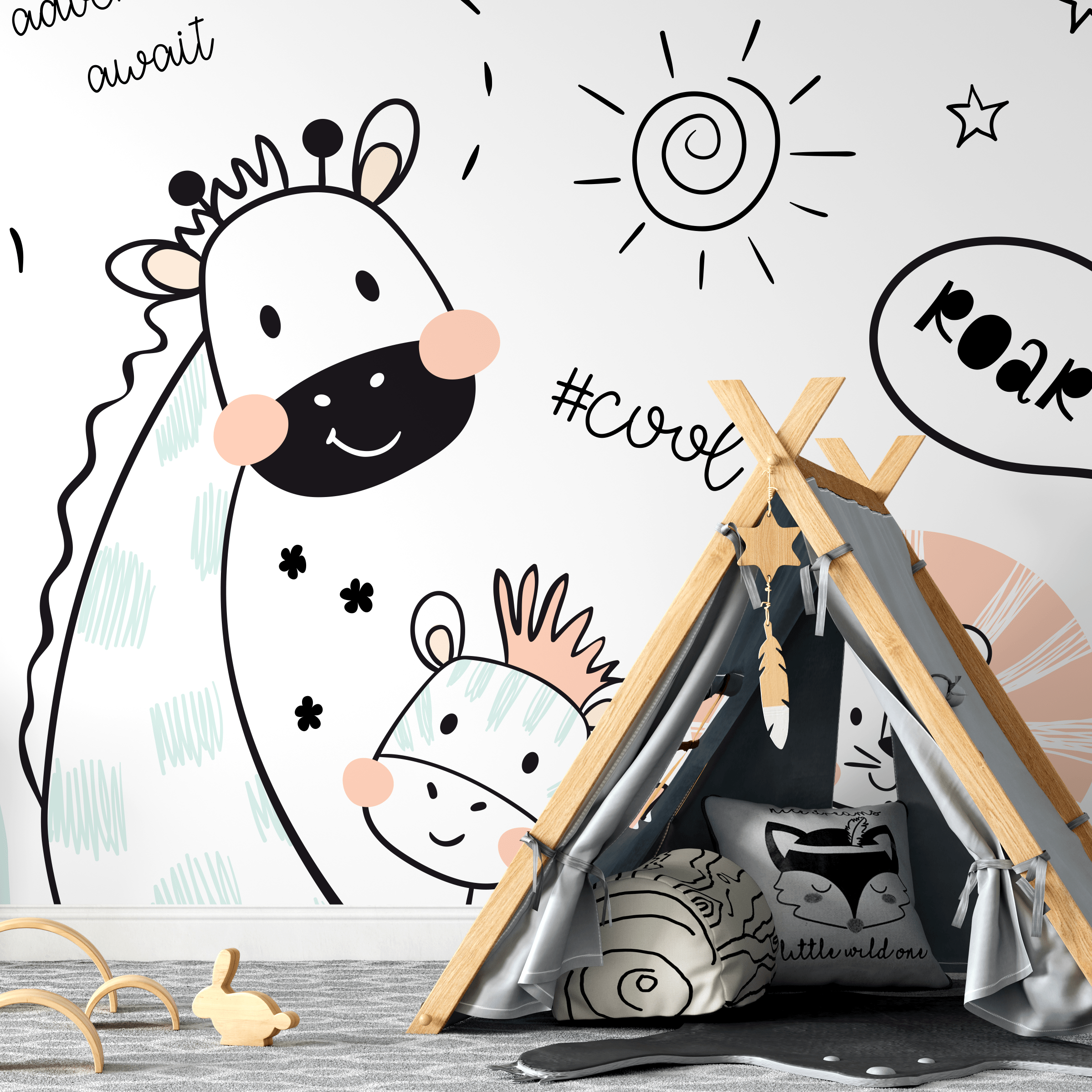 Animal Wallpaper With Doodle Style Dinosaur And Friends In Mint Green, Pink, And Black - B723