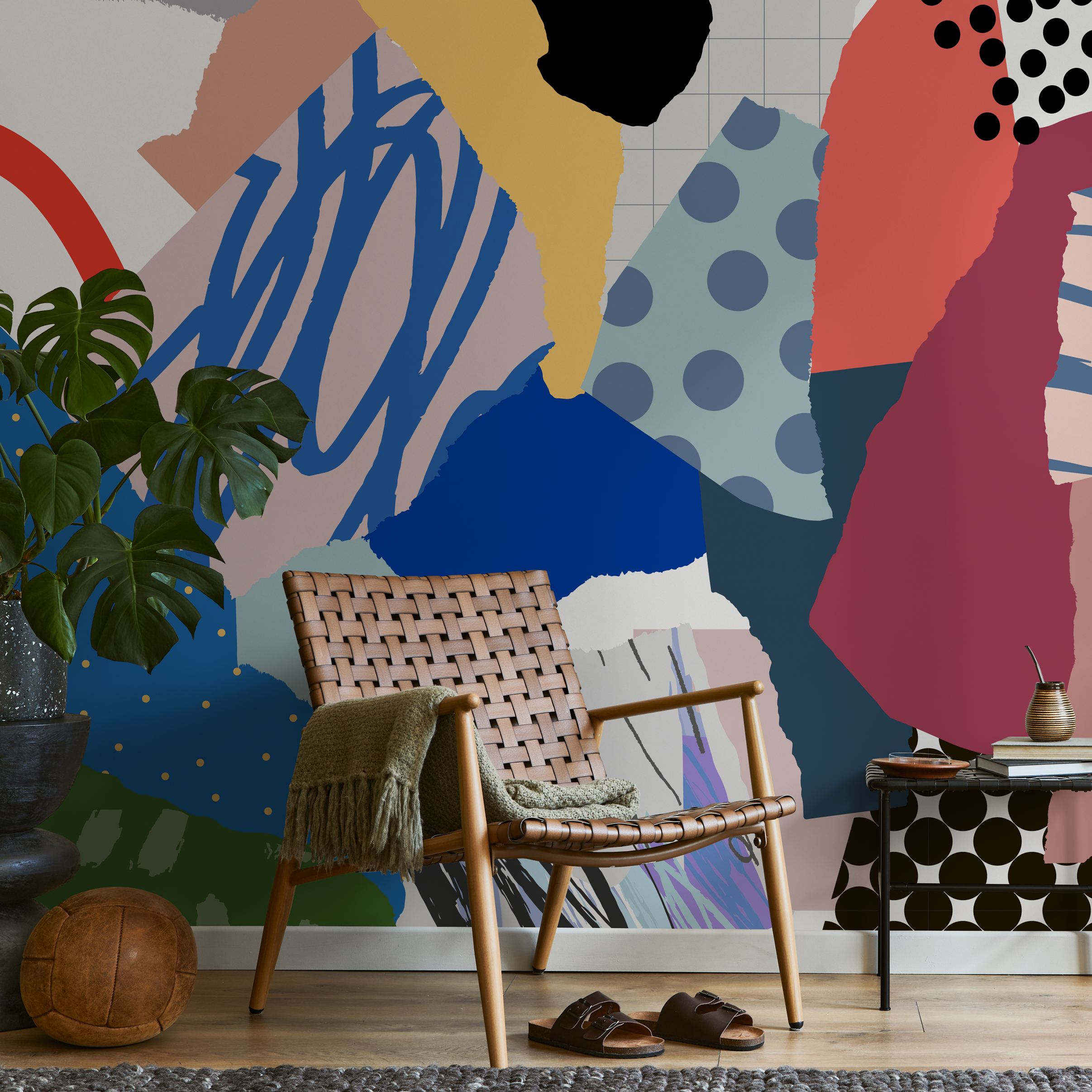 Abstract Wallpaper With A Modern Collage Motif In Blue, Red, And Yellow - B724