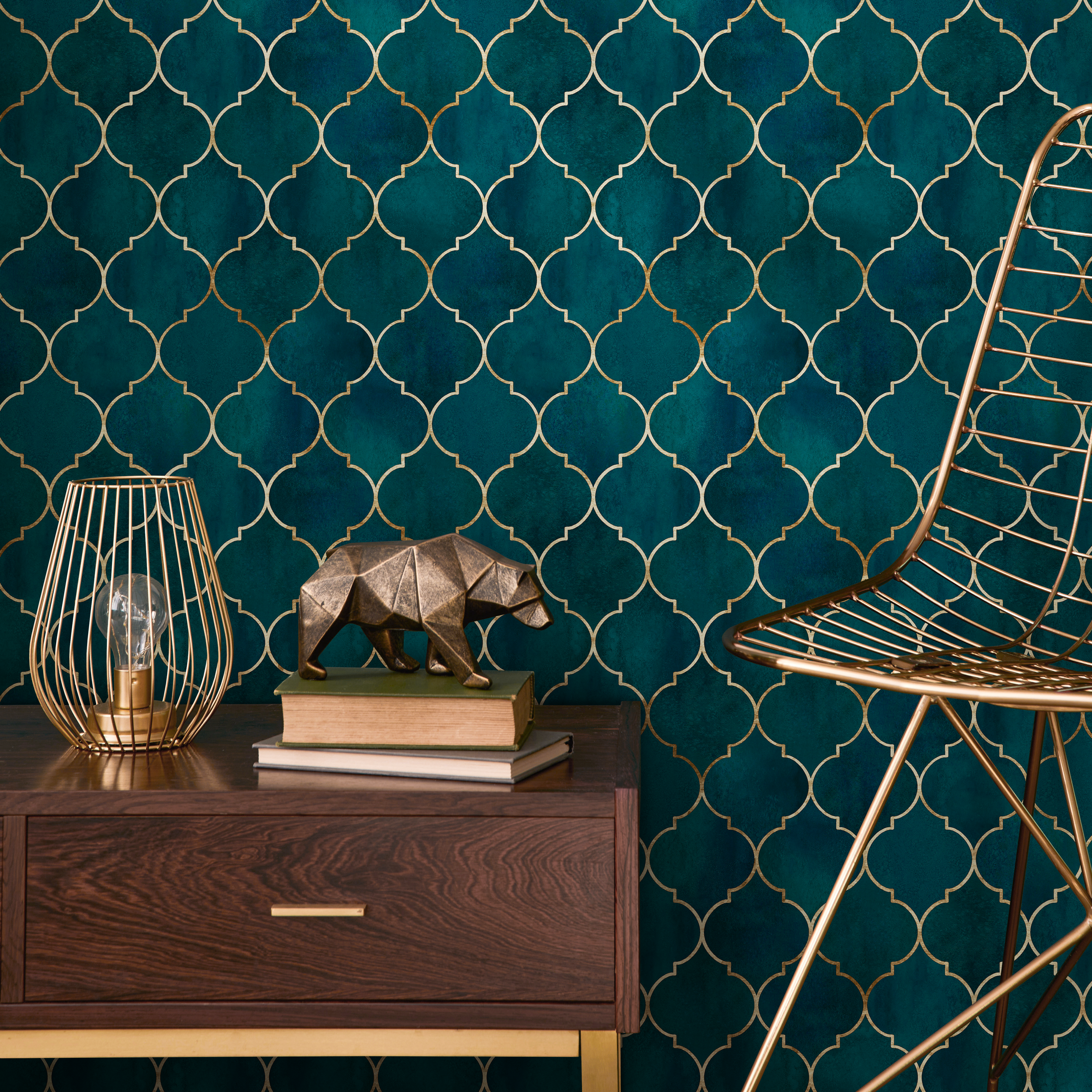Geometric Wallpaper With A Moroccan Trellis Motif In Teal And Gold - B729