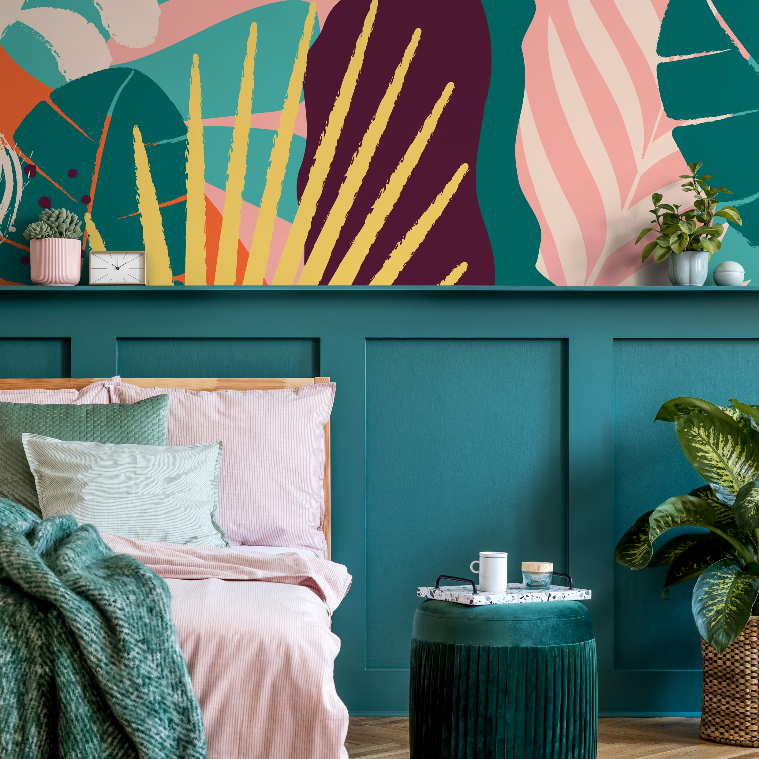 Abstract Wallpaper With A Bold Collage Of Shapes In Orange, Teal, And Pink - B730