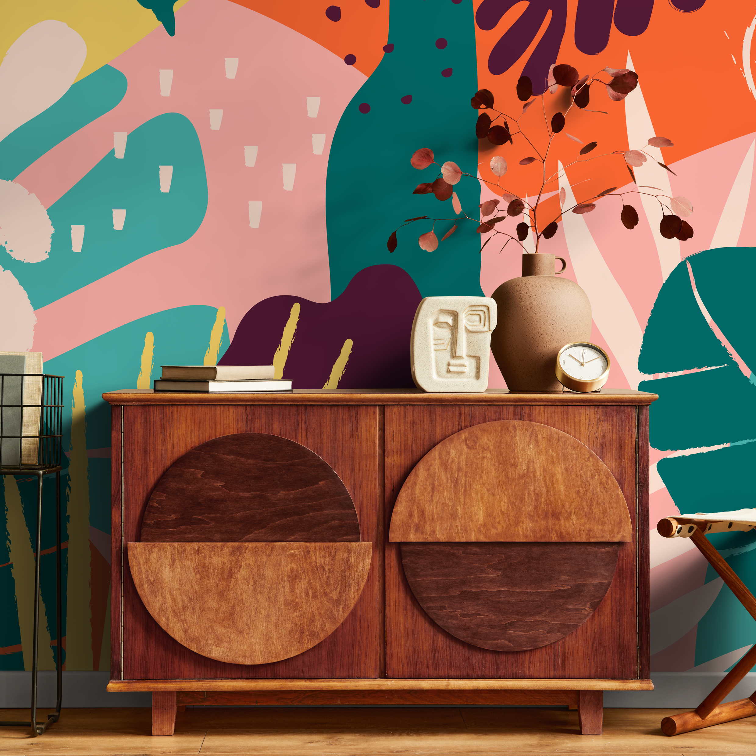 Abstract Wallpaper With A Bold Collage Of Shapes In Orange, Teal, And Pink - B730