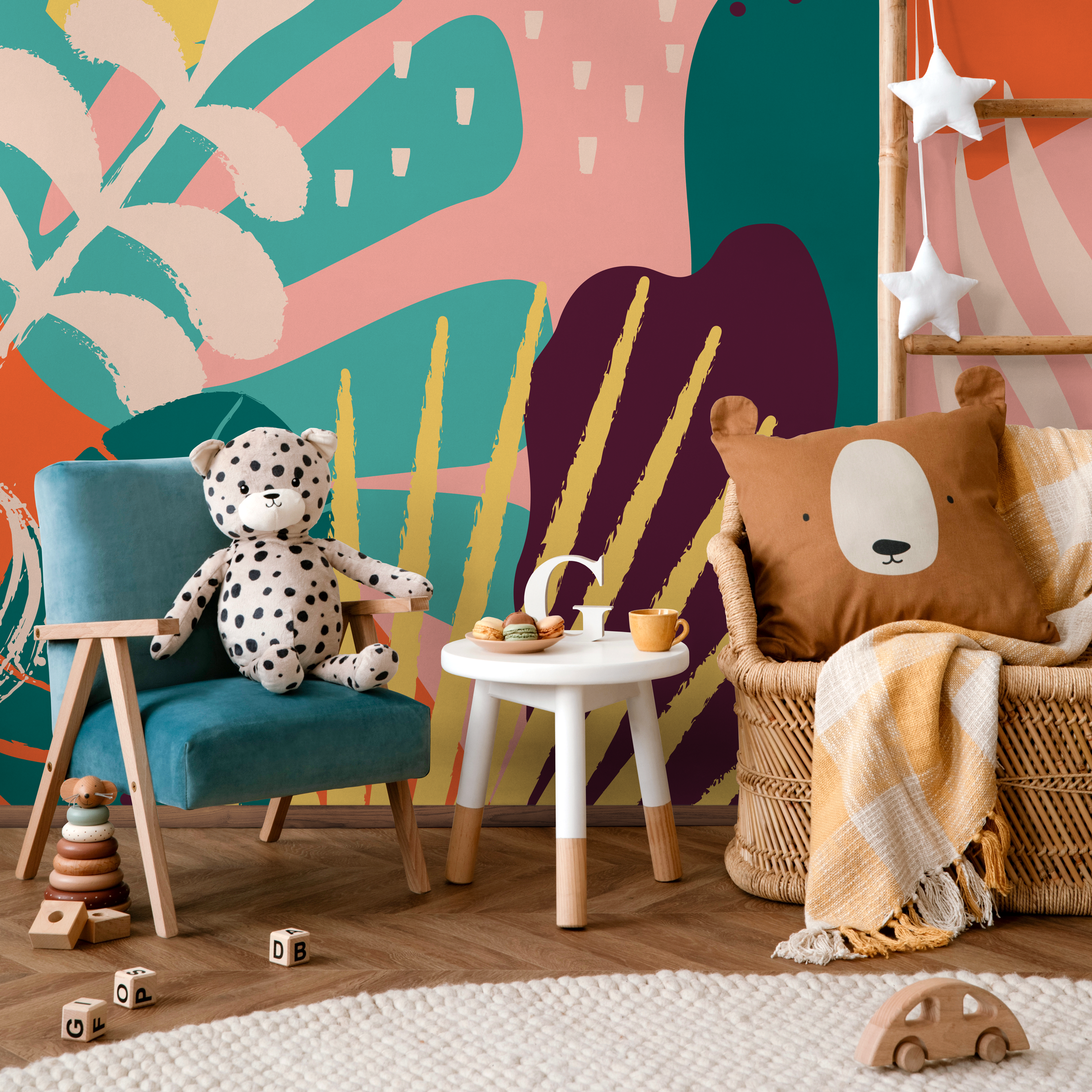 Abstract Wallpaper With A Bold Collage Of Shapes In Orange, Teal, And Pink - B730