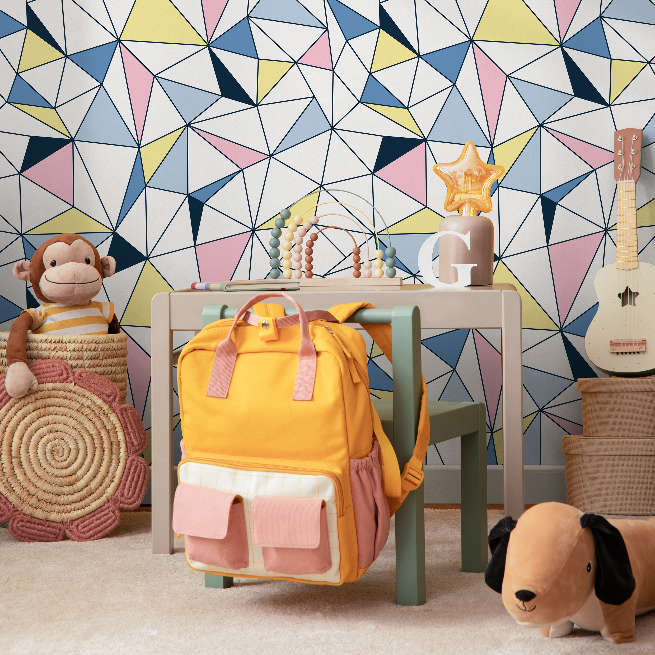 Geometric Wallpaper Featuring A Colorful Triangle Mosaic In Blue, Pink, And Yellow - B731