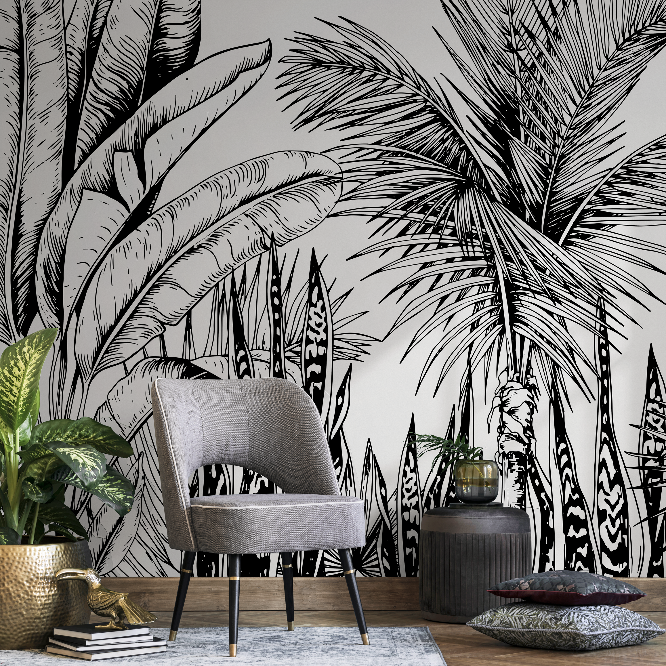 Botanical Wallpaper With Hand-drawn Tropical Leaves In Black And White - B732