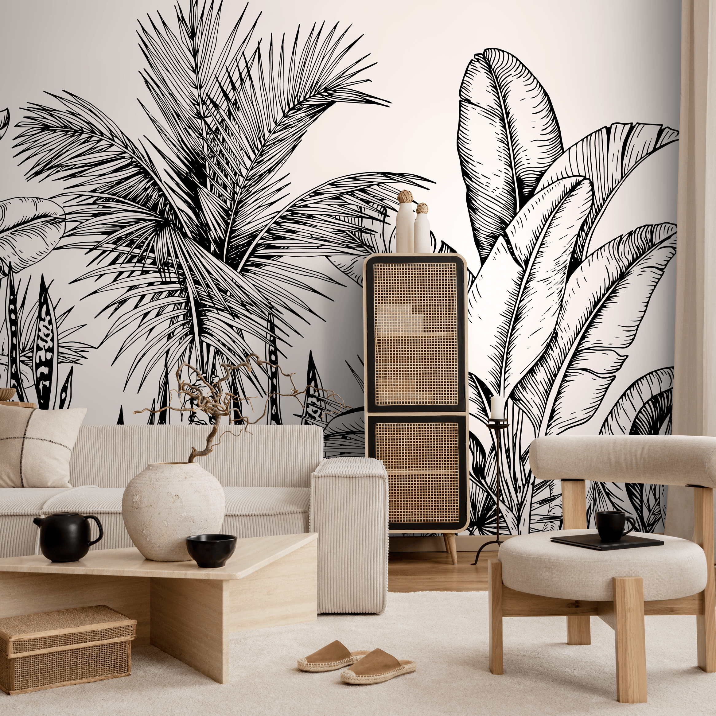 Botanical Wallpaper With Hand-drawn Tropical Leaves In Black And White - B732