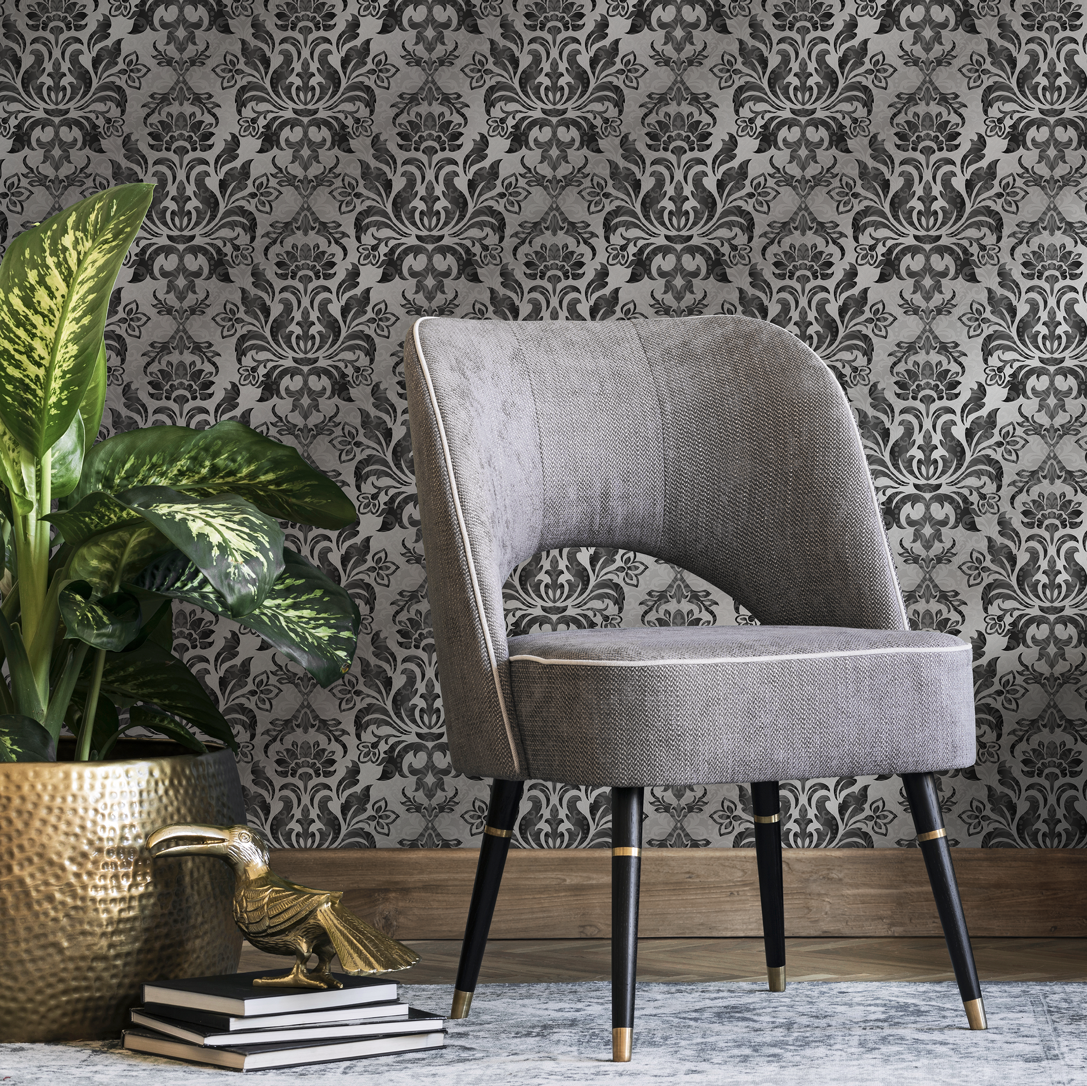 Damask Wallpaper With An Elegant Vintage Motif In Black And Grey - B734
