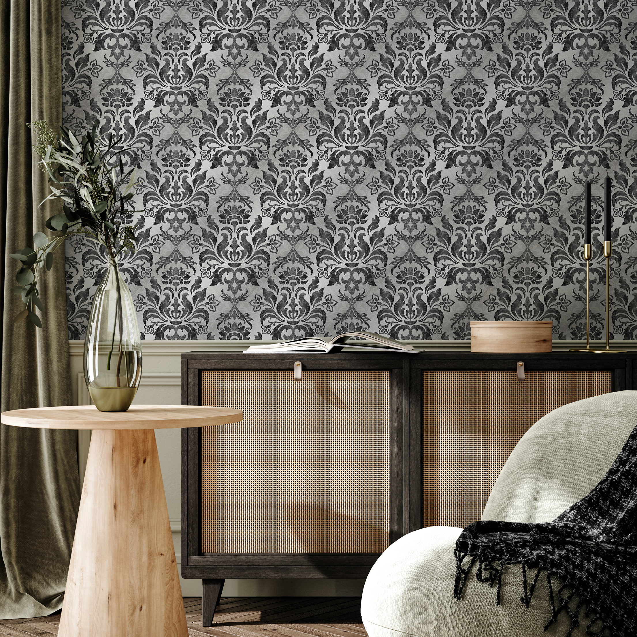 Damask Wallpaper With An Elegant Vintage Motif In Black And Grey - B734
