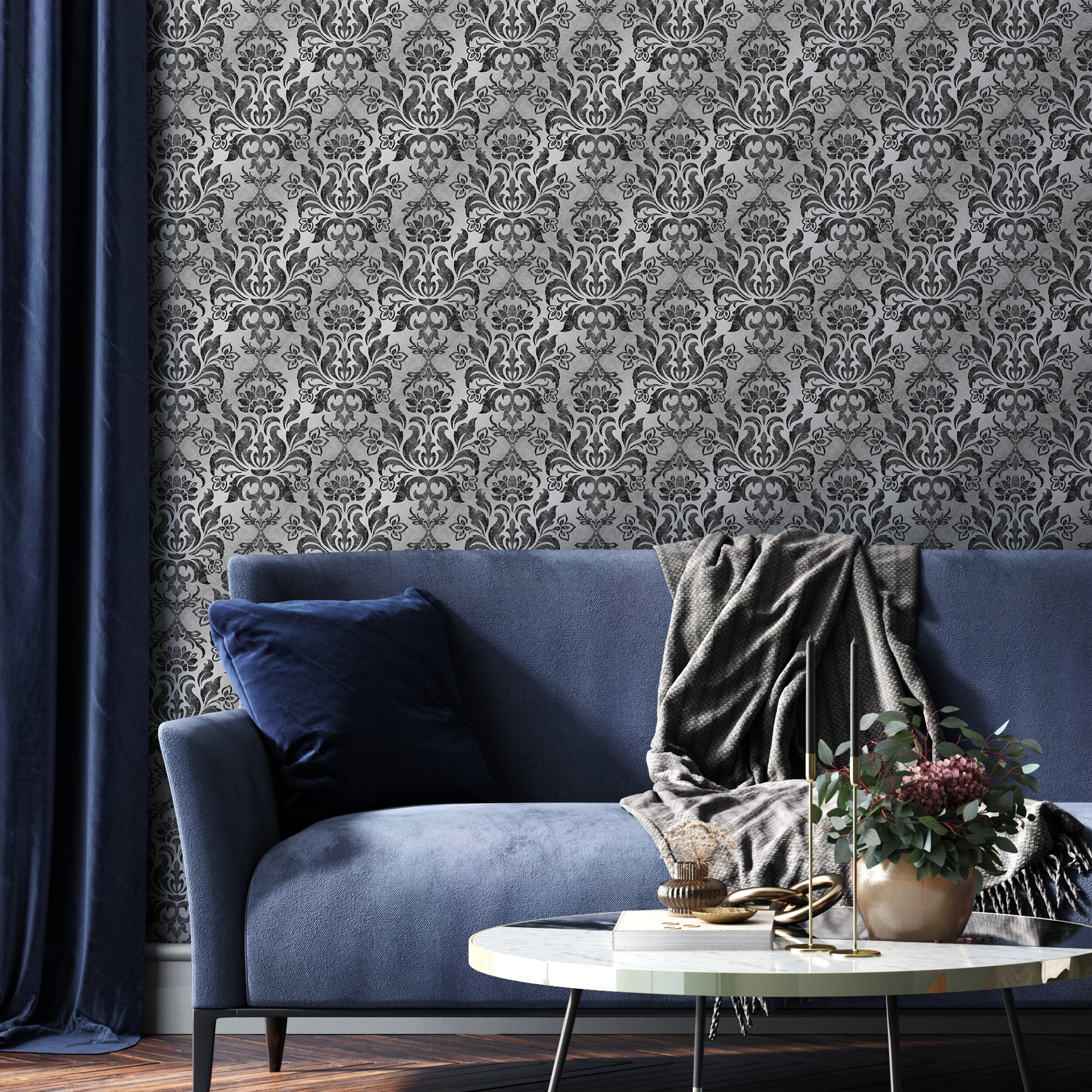 Damask Wallpaper With An Elegant Vintage Motif In Black And Grey - B734