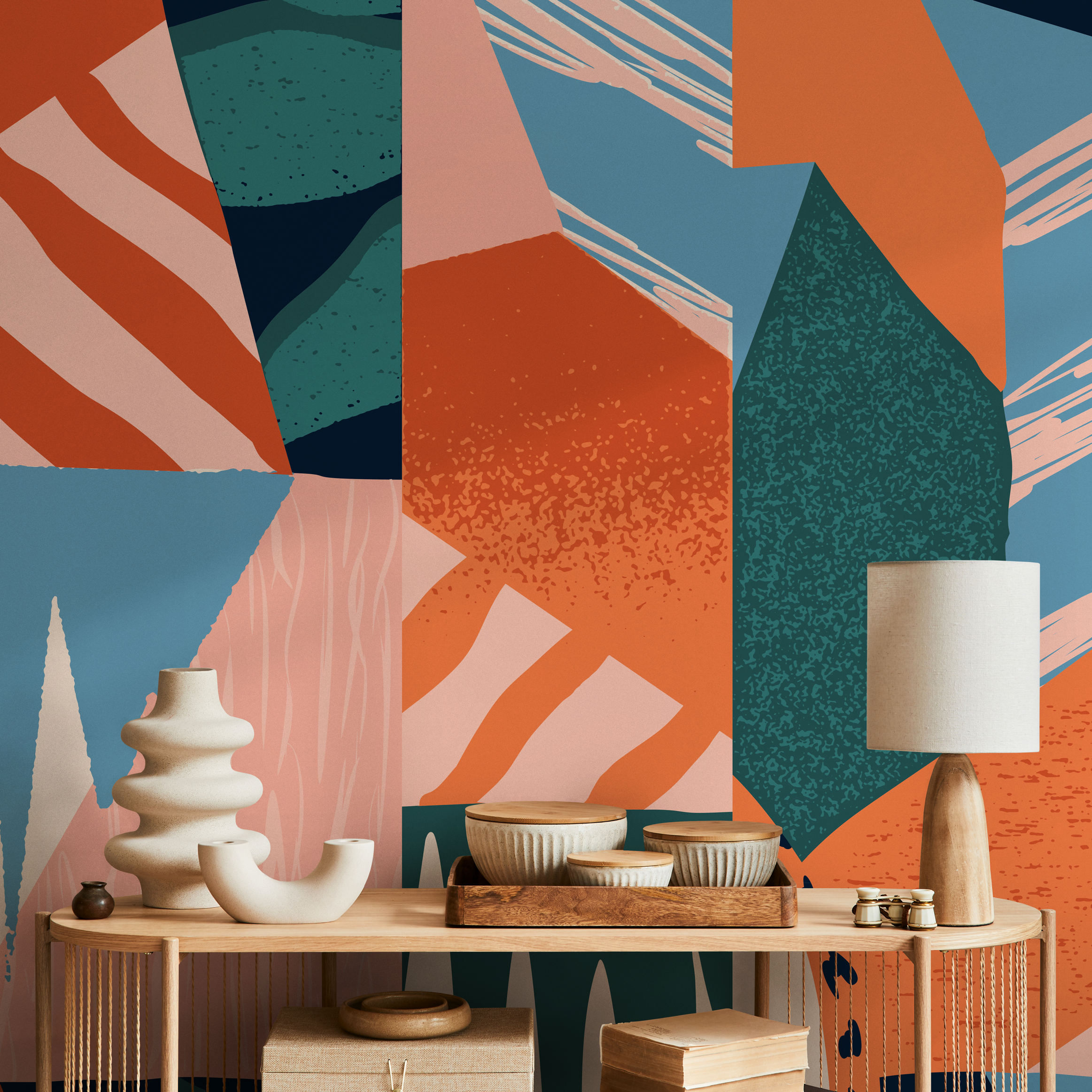 Abstract Wallpaper With A Modern Textured Collage In Terracotta, Blue, And Teal - B736