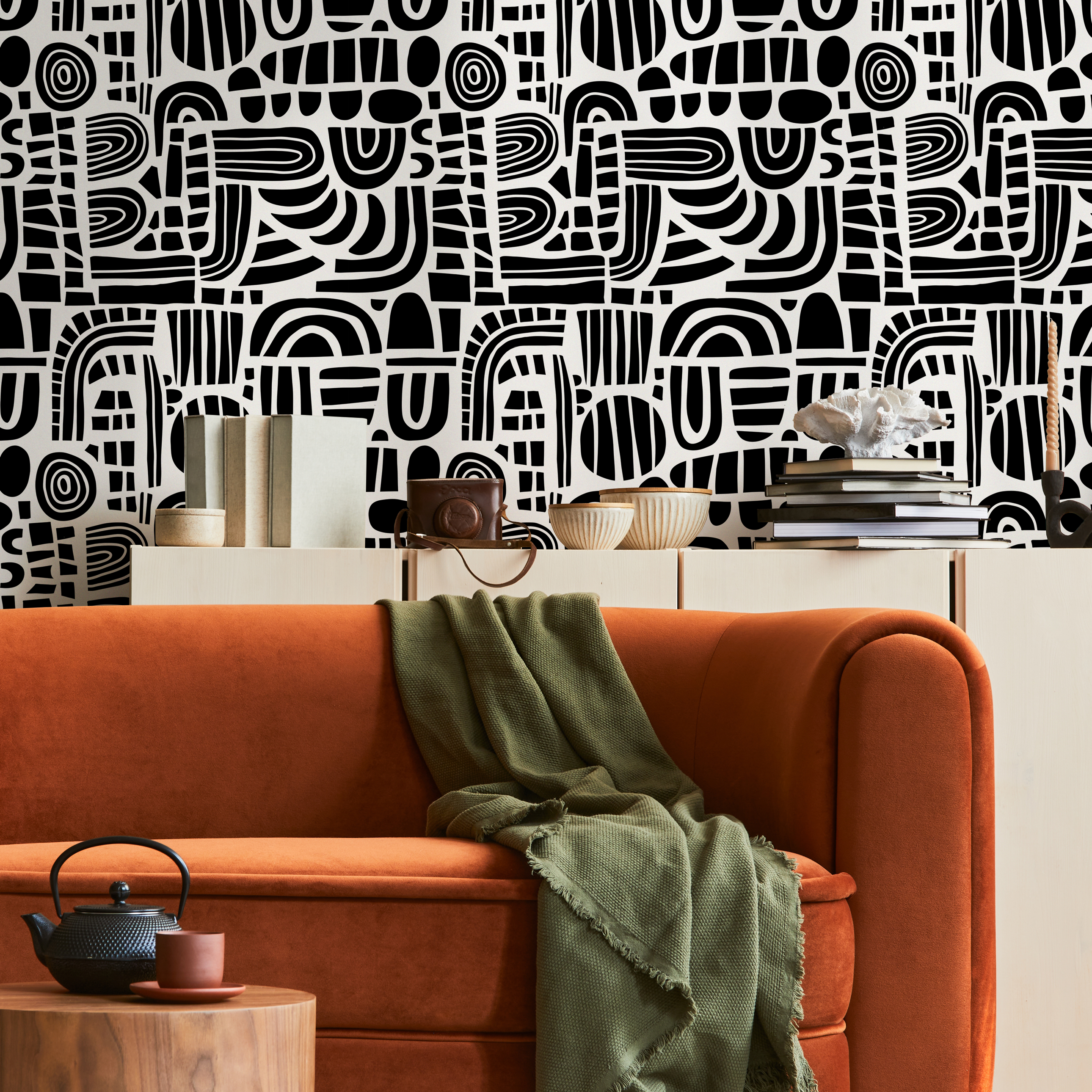 Abstract Wallpaper With A Graphic Block Print Motif In Black And White - B737