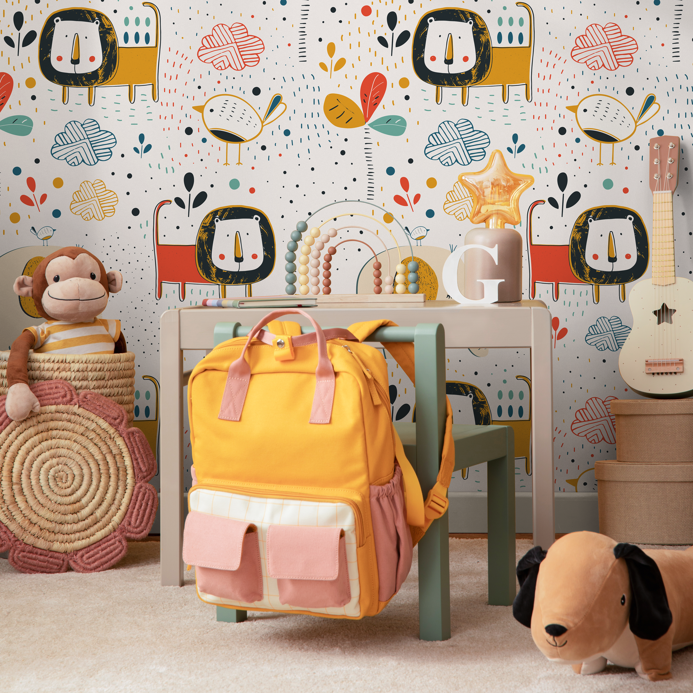 Animal Wallpaper With Nordic Style Lions And Elephants In Red, Yellow, And Blue - B738