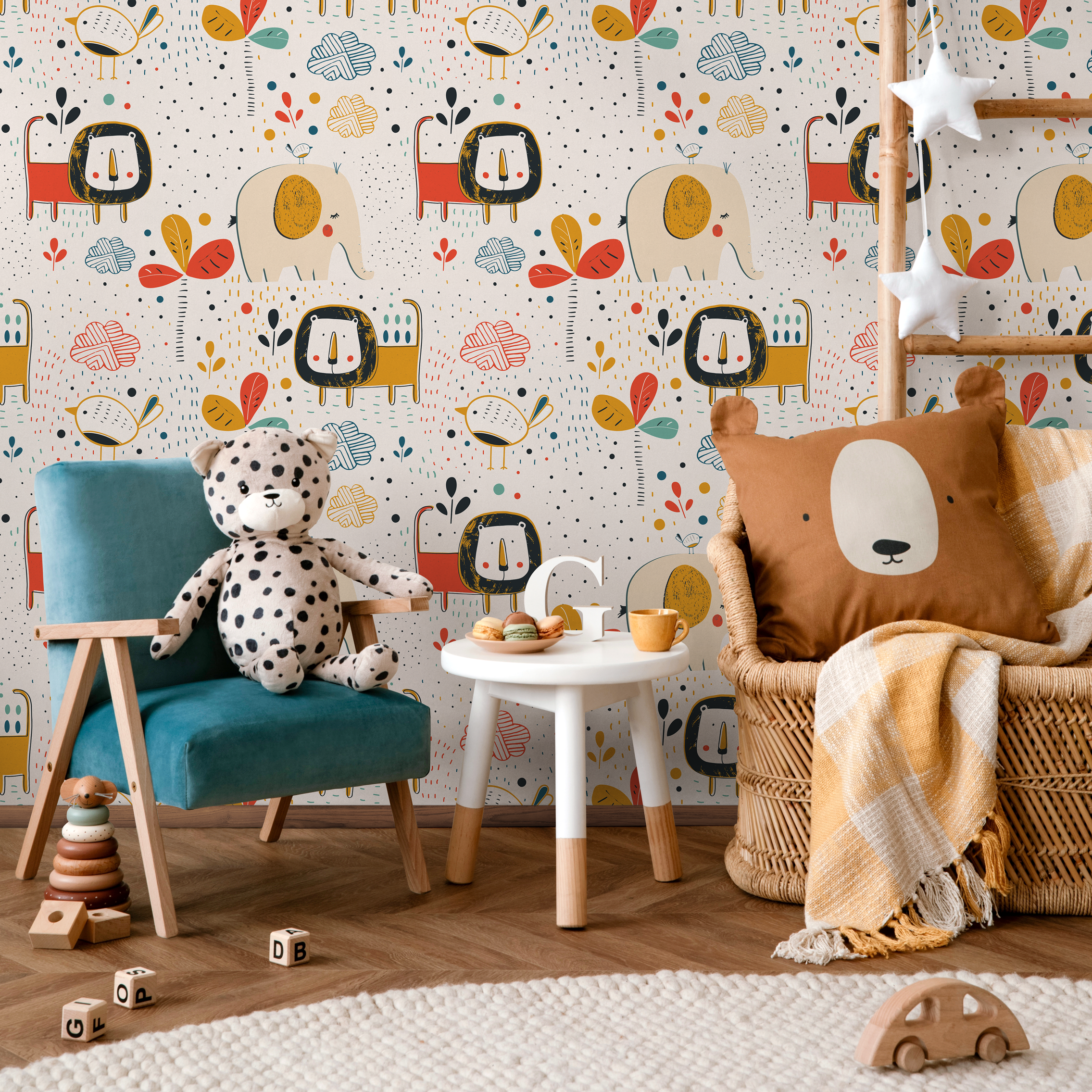Animal Wallpaper With Nordic Style Lions And Elephants In Red, Yellow, And Blue - B738