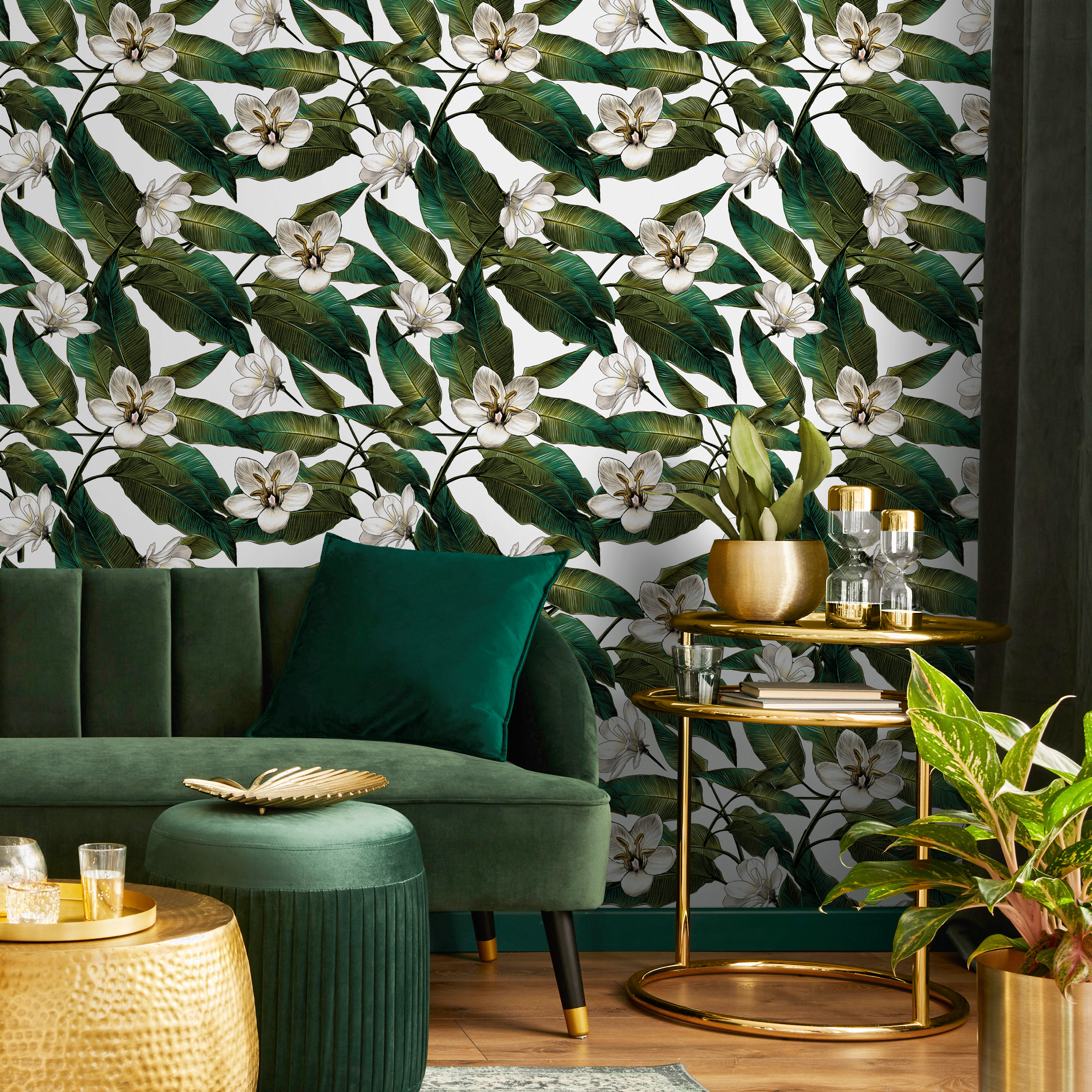 Botanical Wallpaper With Lush Tropical Leaves And White Flowers In Green And White - B739