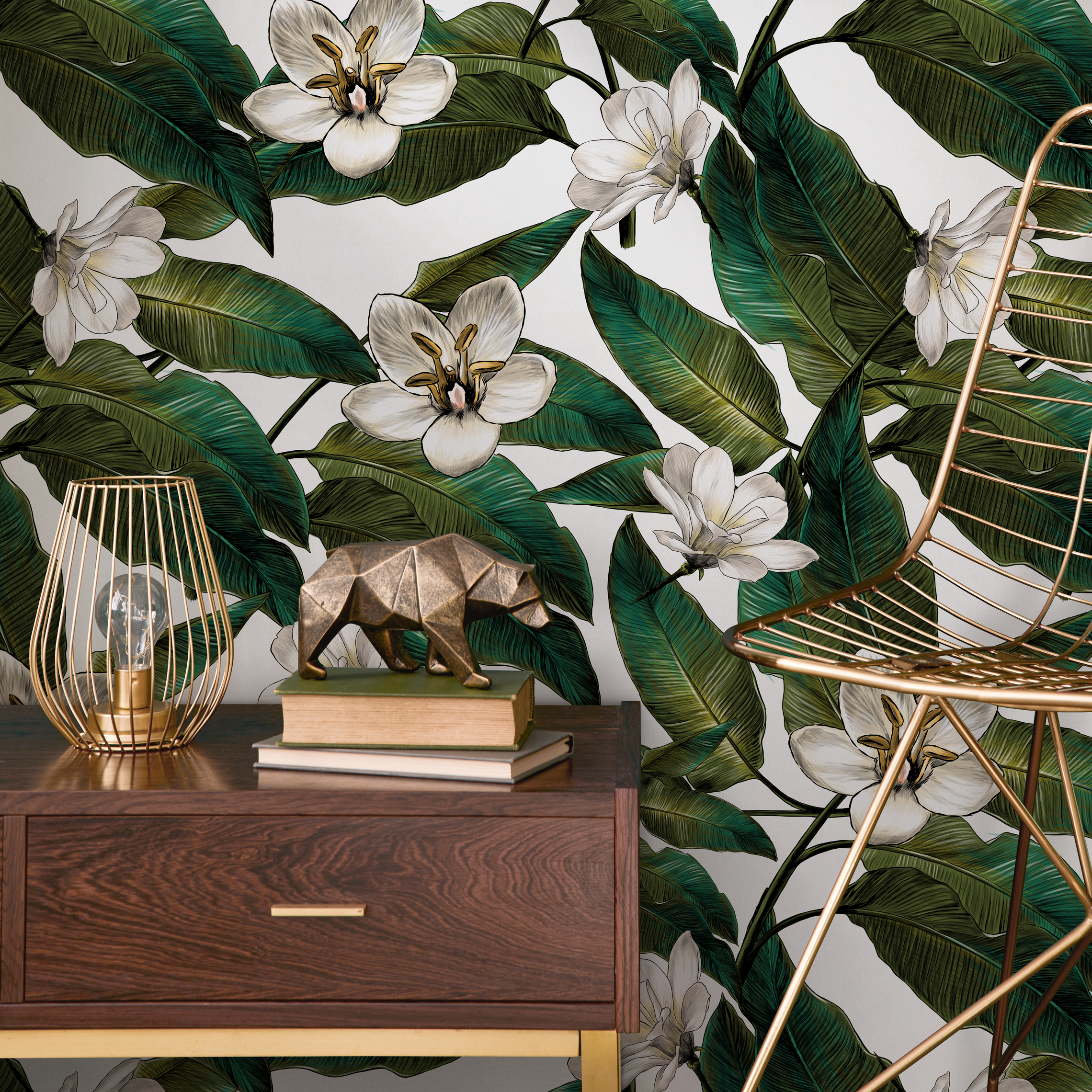 Botanical Wallpaper With Lush Tropical Leaves And White Flowers In Green And White - B739