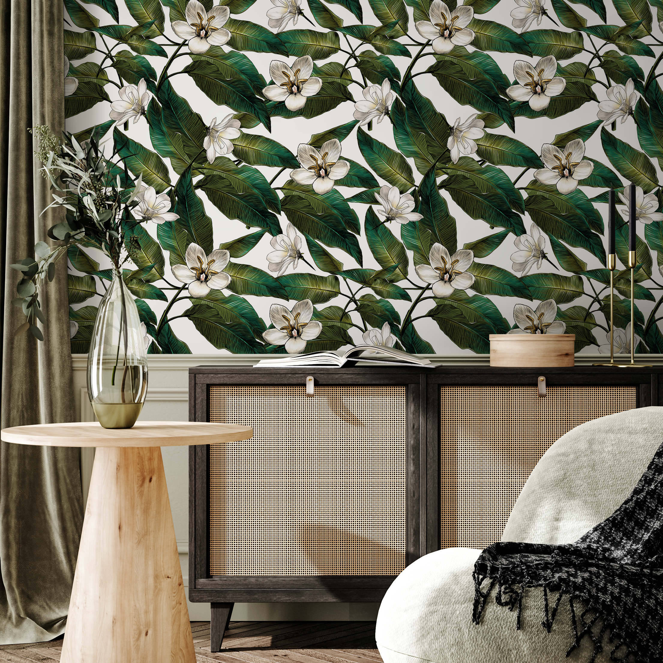 Botanical Wallpaper With Lush Tropical Leaves And White Flowers In Green And White - B739