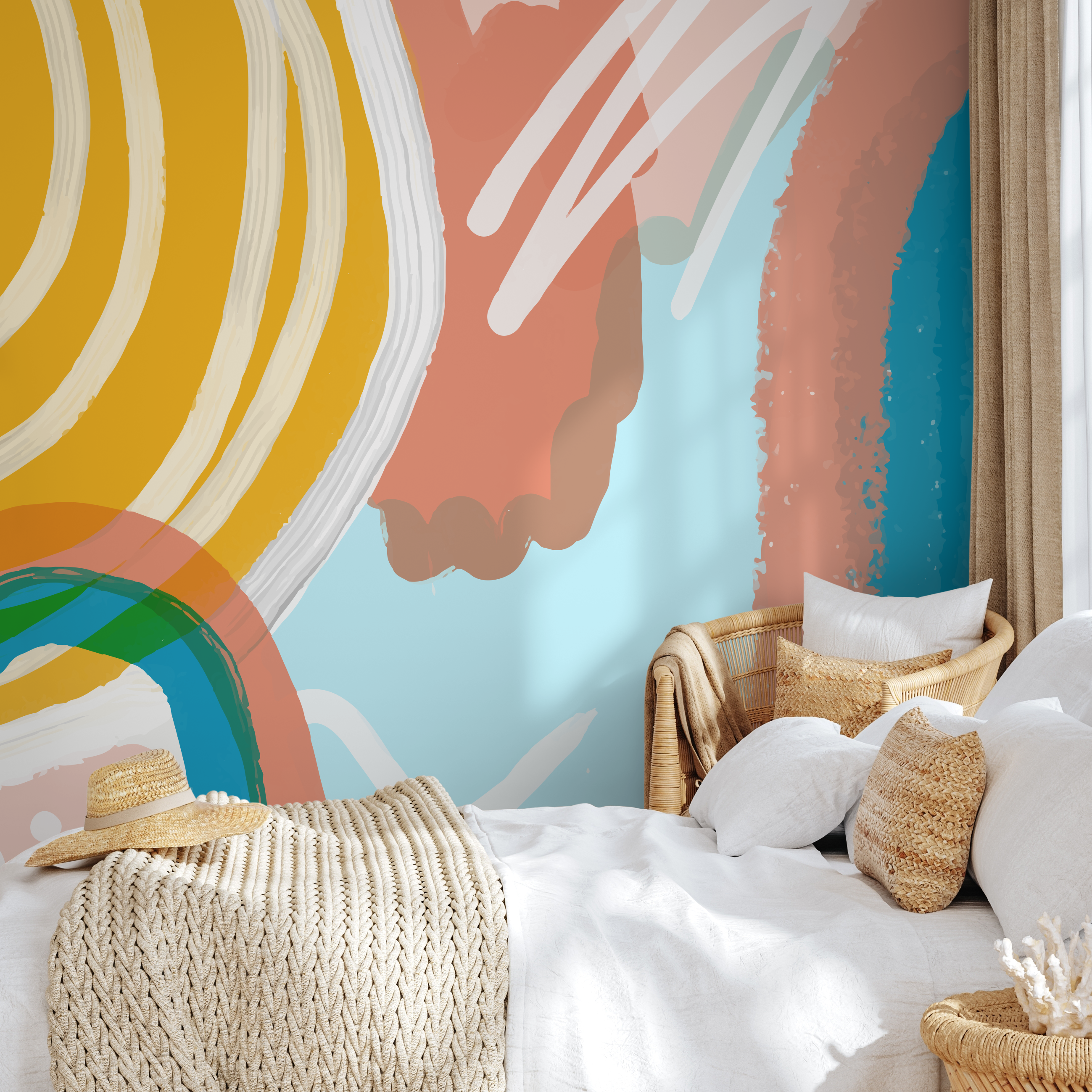 Abstract Wallpaper With A Rainbow Motif In Yellow, Blue, And Terracotta - B740