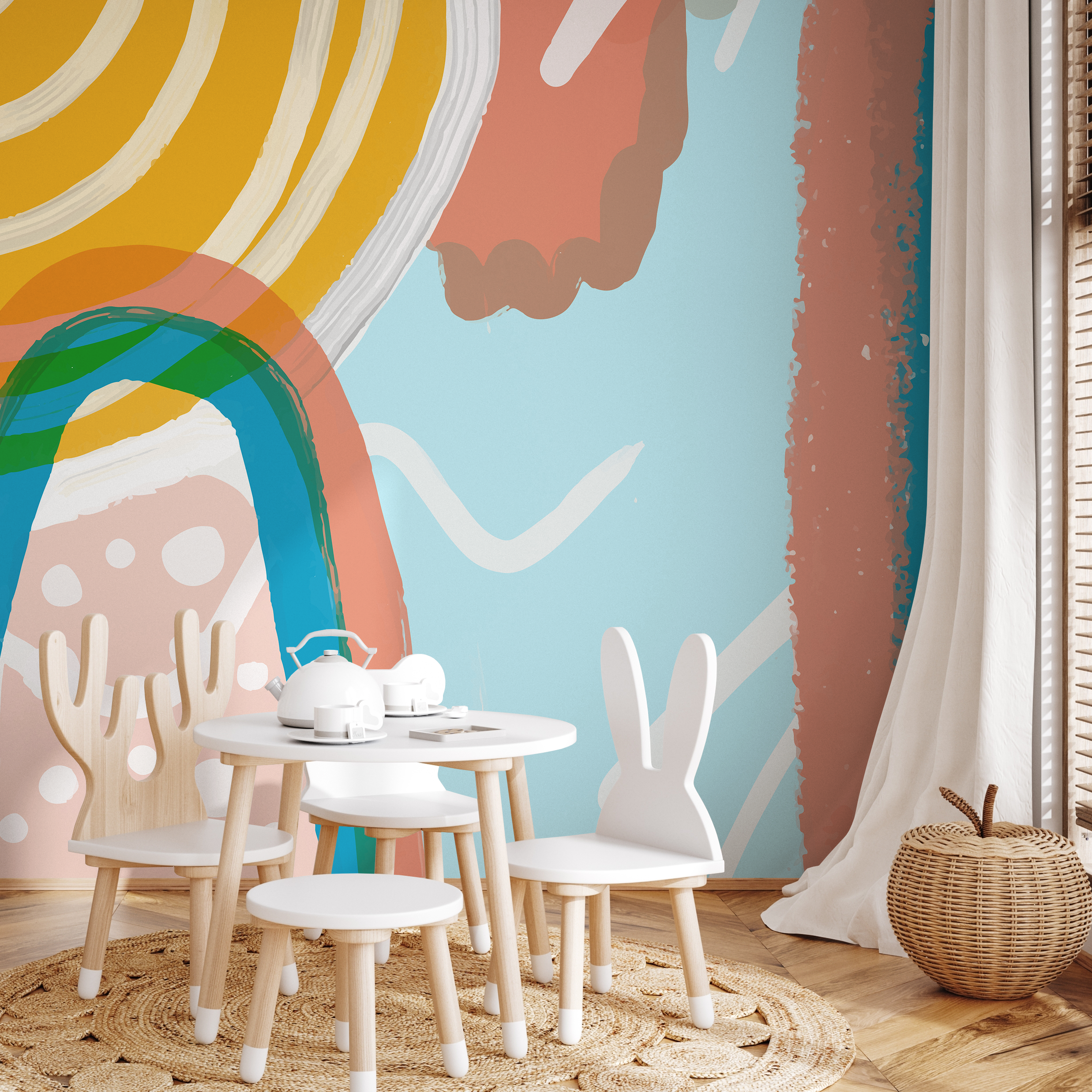 Abstract Wallpaper With A Rainbow Motif In Yellow, Blue, And Terracotta - B740