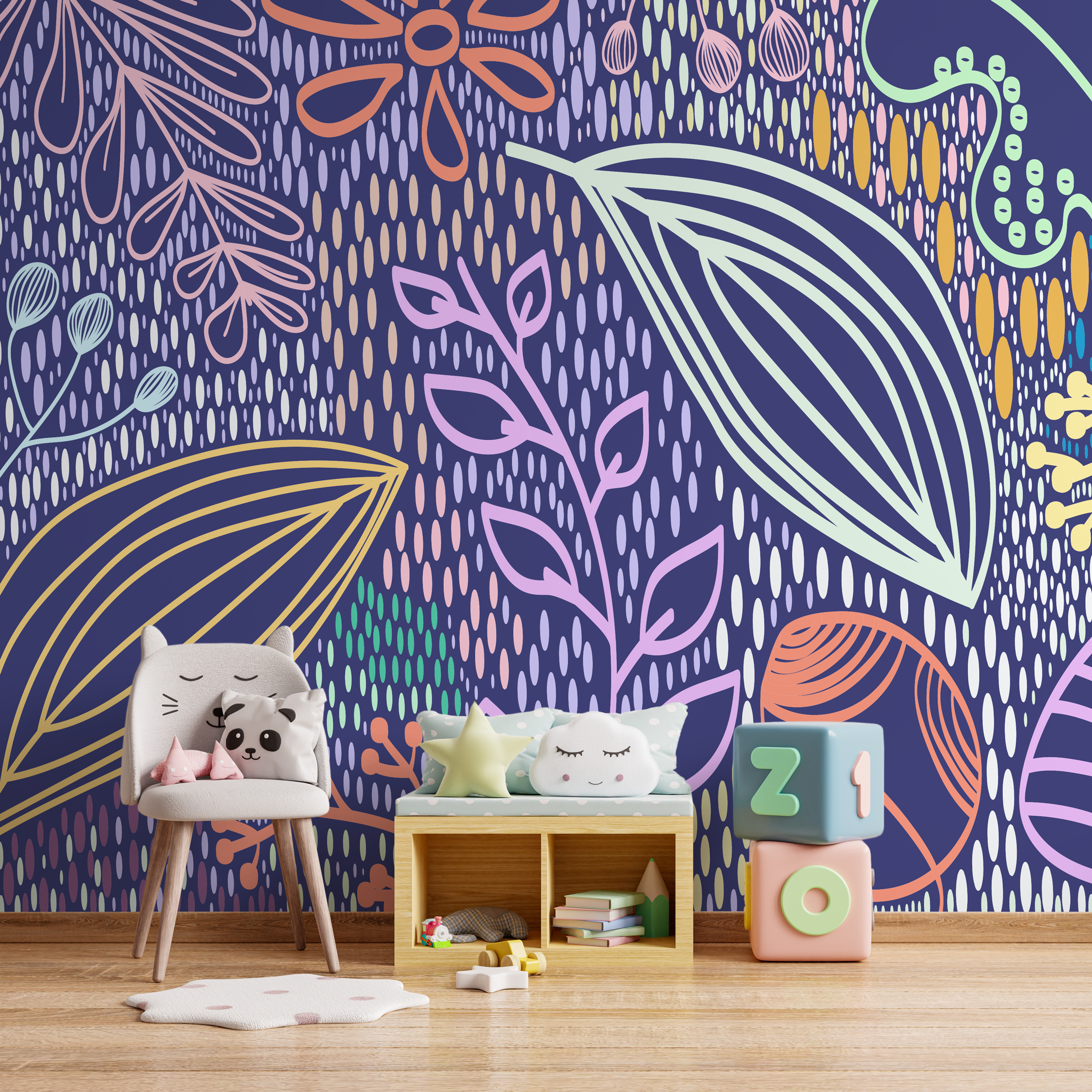 Abstract Wallpaper With Whimsical Foliage In Navy Blue, Orange, And Green - B741