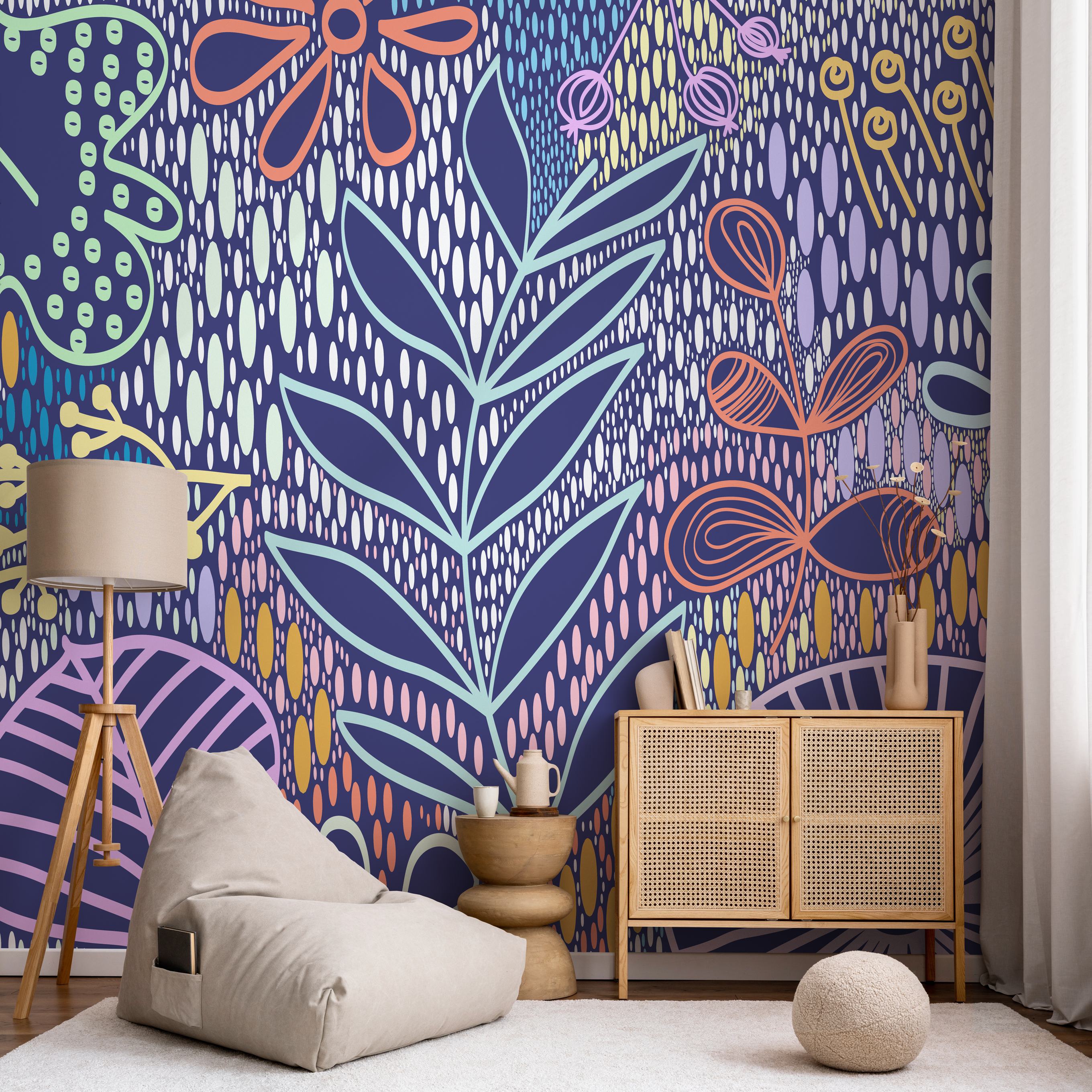 Abstract Wallpaper With Whimsical Foliage In Navy Blue, Orange, And Green - B741