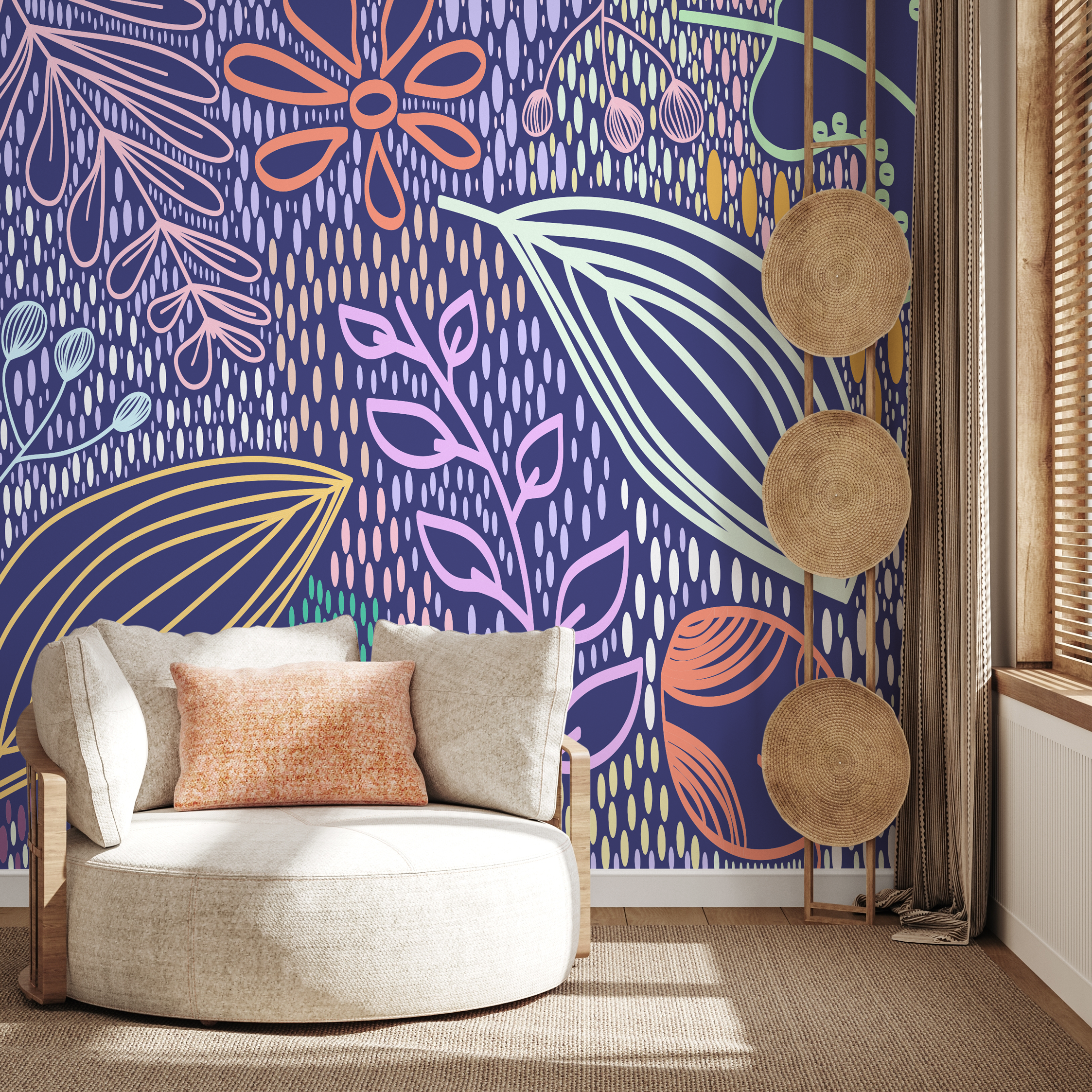 Abstract Wallpaper With Whimsical Foliage In Navy Blue, Orange, And Green - B741