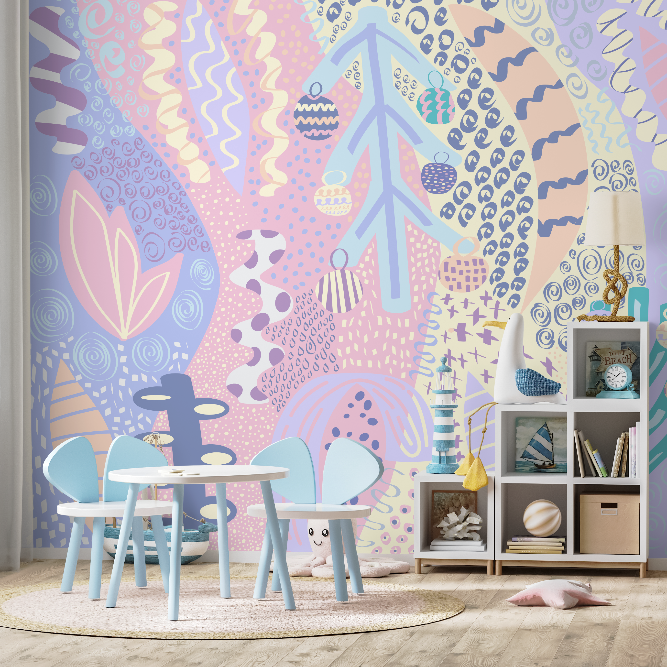 Abstract Wallpaper With Whimsical Doodles In Pink, Blue, And Lavender - B742