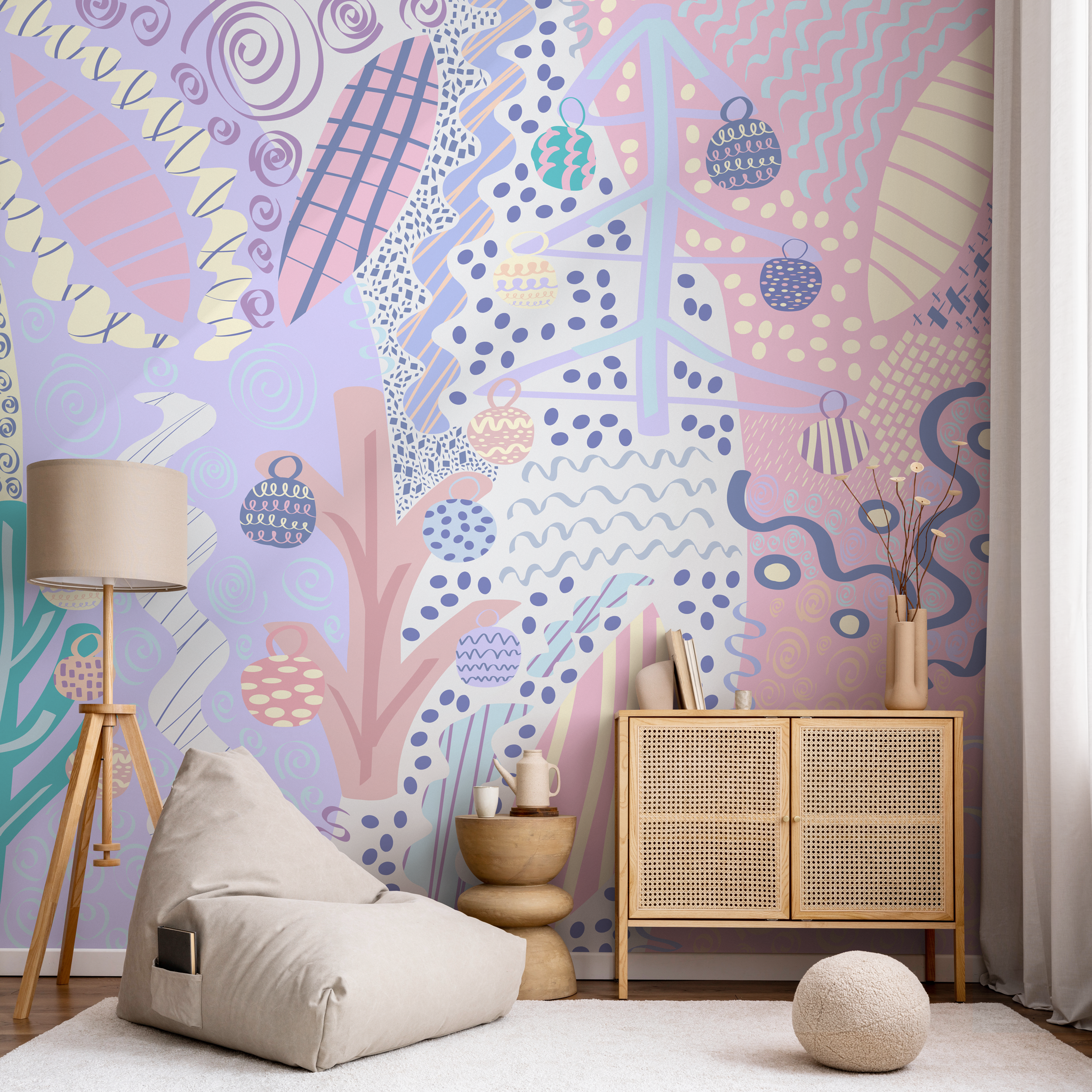 Abstract Wallpaper With Whimsical Doodles In Pink, Blue, And Lavender - B742