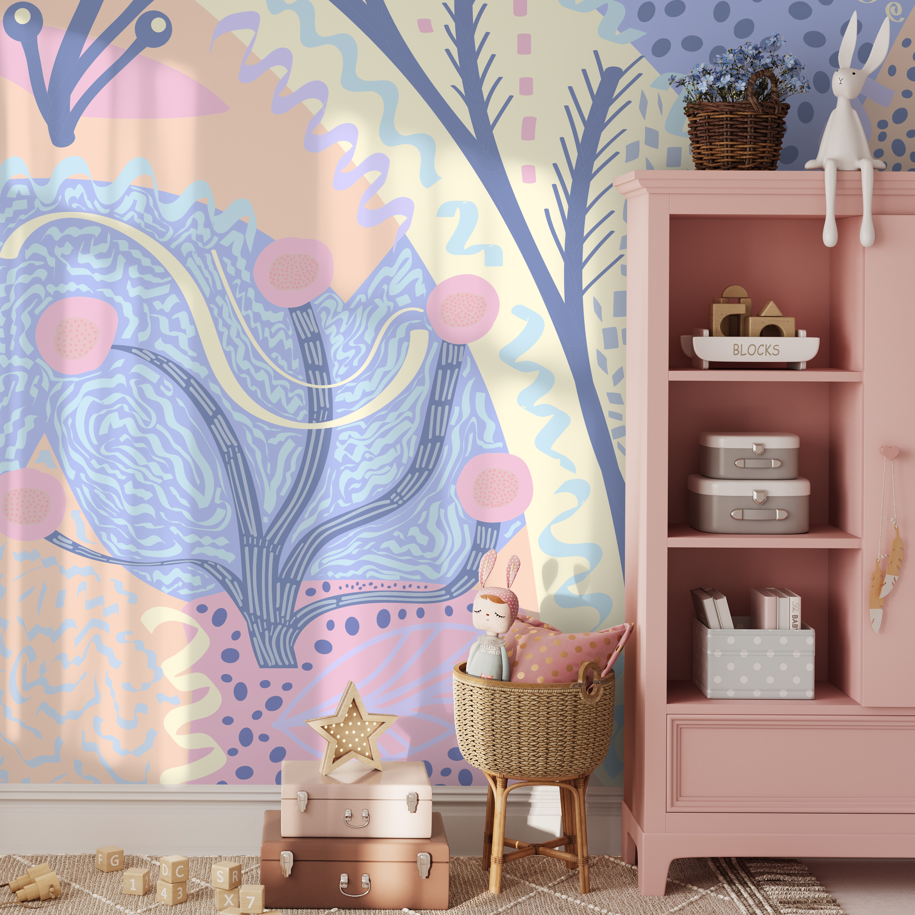 Abstract Wallpaper With Whimsical Shapes In Blue, Pink, And Yellow - B743