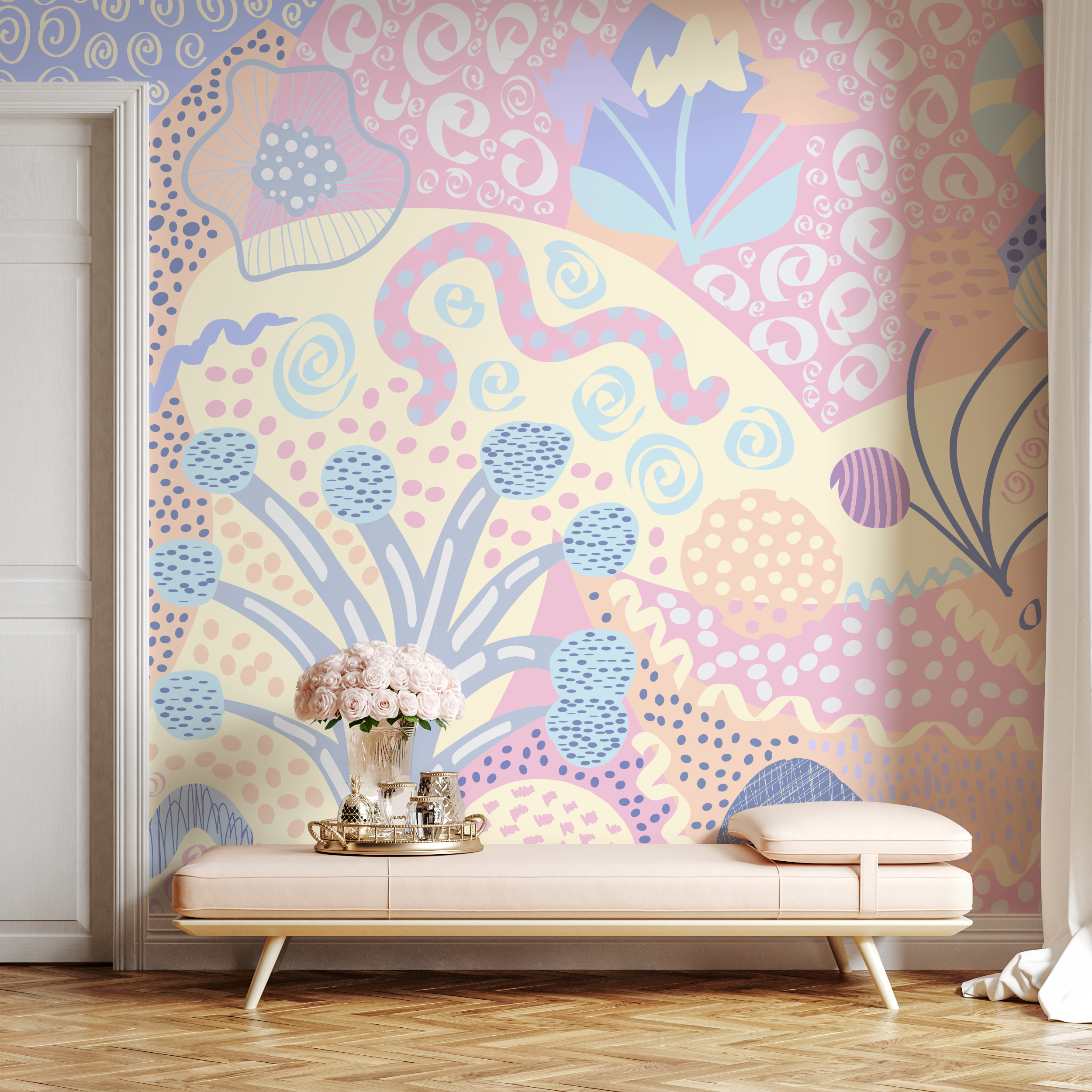 Abstract Wallpaper With Whimsical Shapes In Blue, Pink, And Yellow - B743
