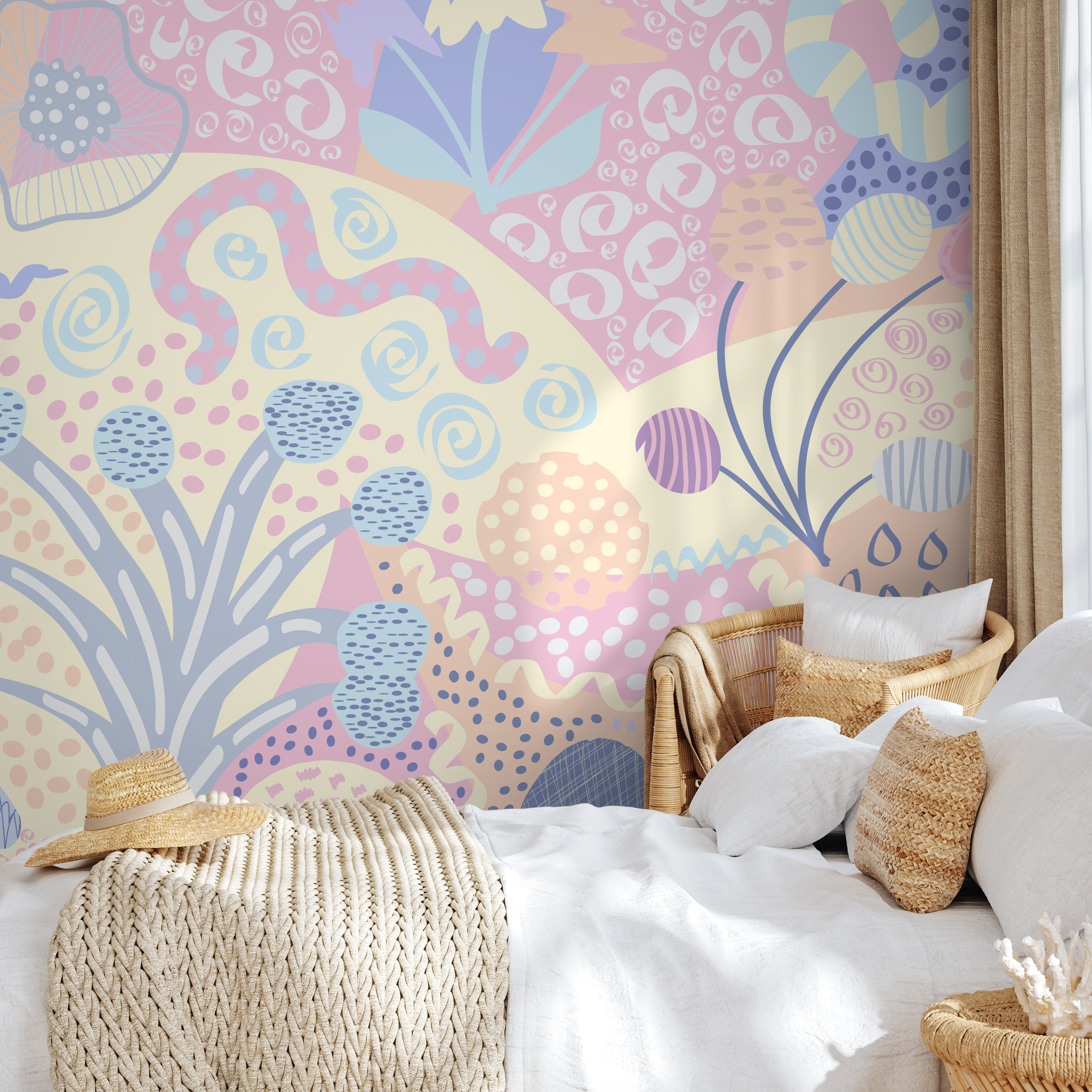 Abstract Wallpaper With Whimsical Shapes In Blue, Pink, And Yellow - B743